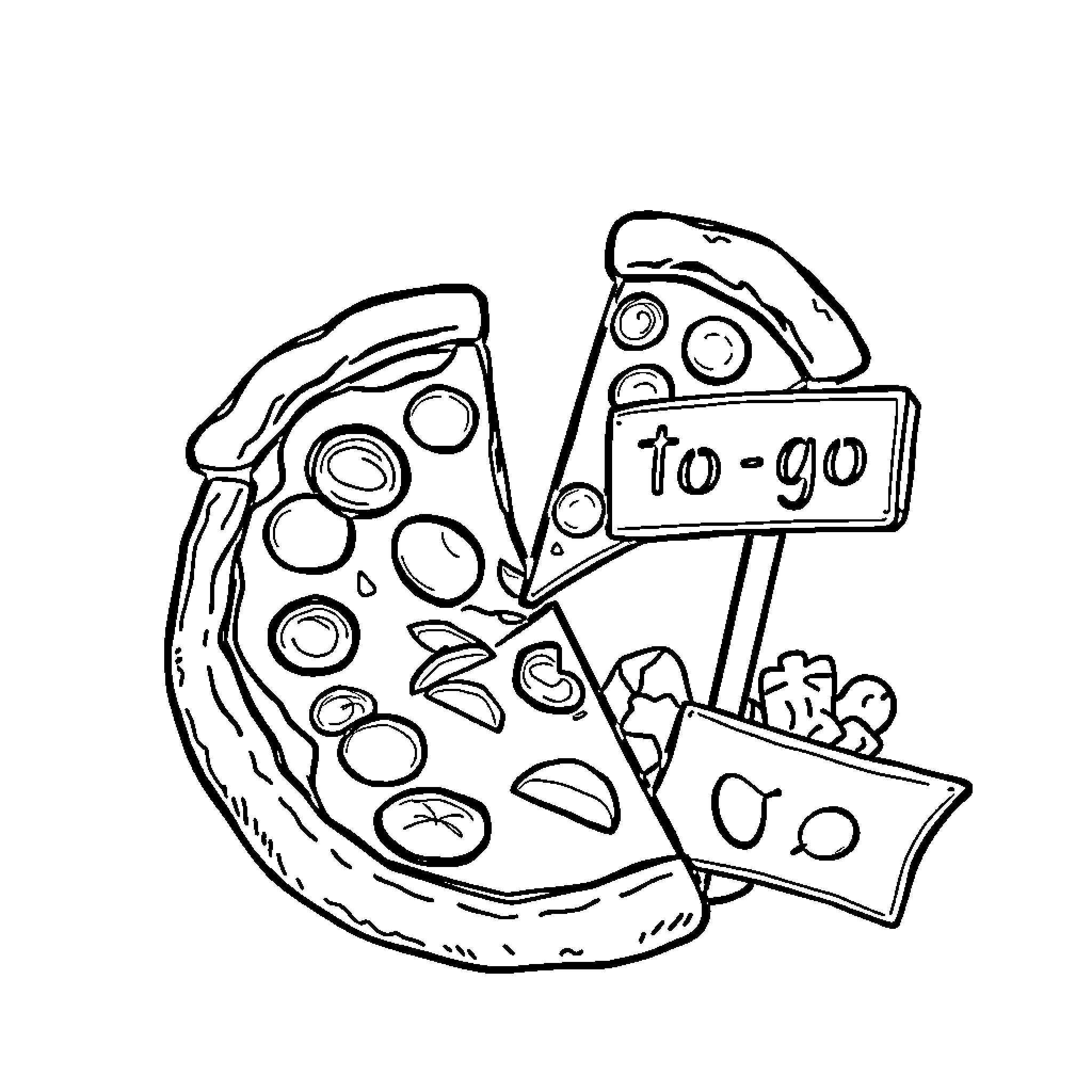 Pizza Slices To-Go in a Hurry Coloring Page (free black-and-white line drawing printable PDF for all, from beginners to advanced learners, including children, teens, adults, and seniors)