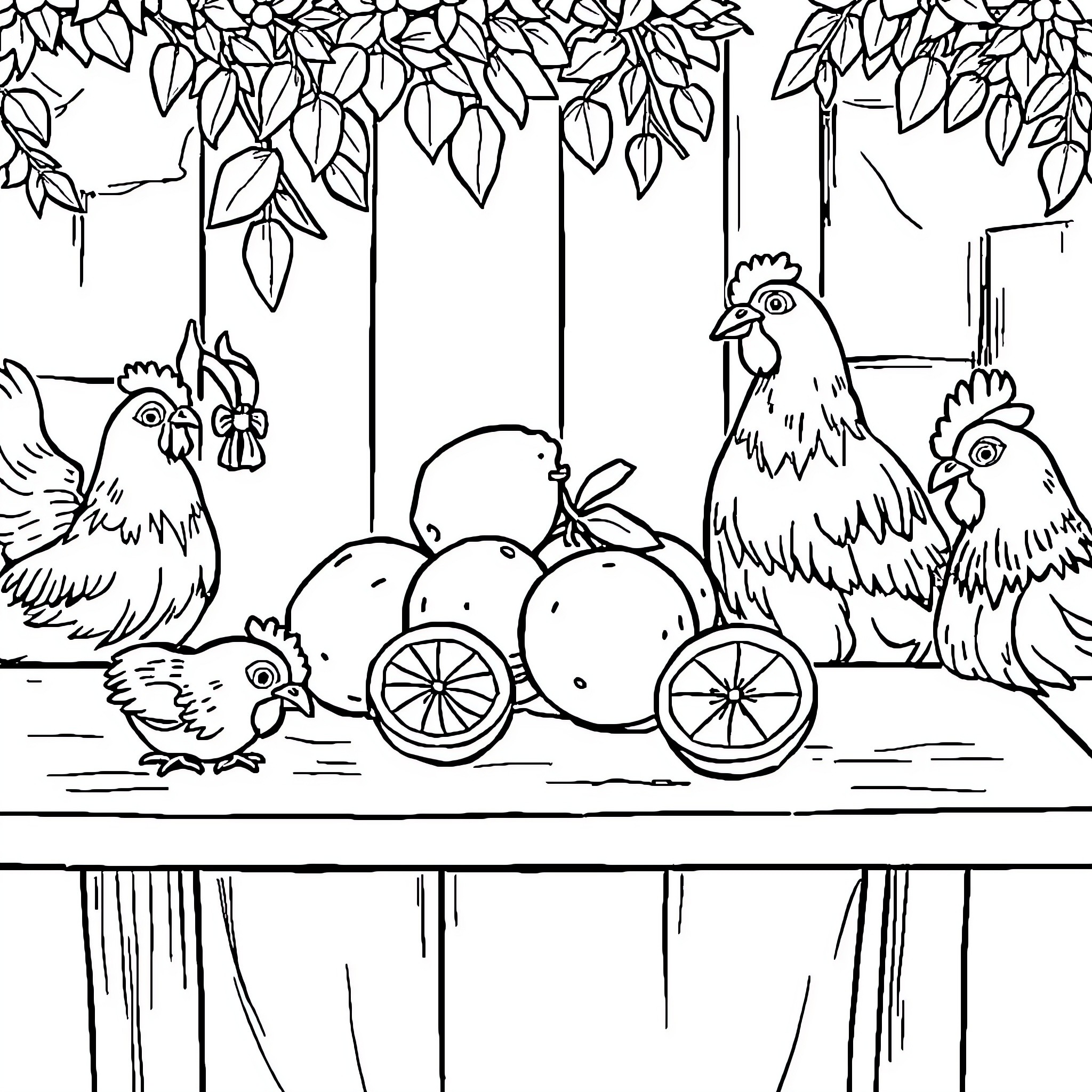 Lemon Chickens and Fruit Wagon Under Leafy Branches Coloring Page (free black-and-white line drawing printable PDF for all, from beginners to advanced learners, including children, teens, adults, and seniors)