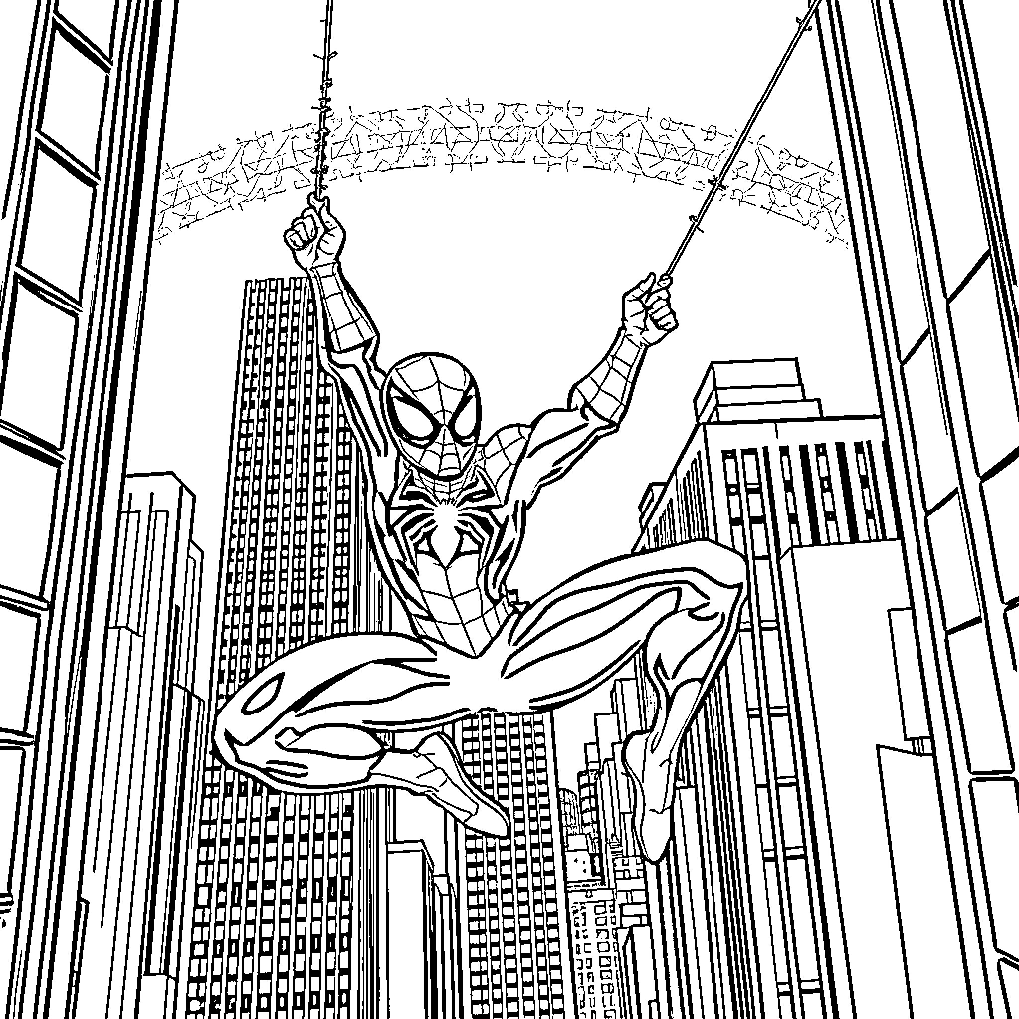 Spiderman swinging through the city skyline Coloring Page (free black-and-white line drawing printable PDF for all, from beginners to advanced learners, including children, teens, adults, and seniors)