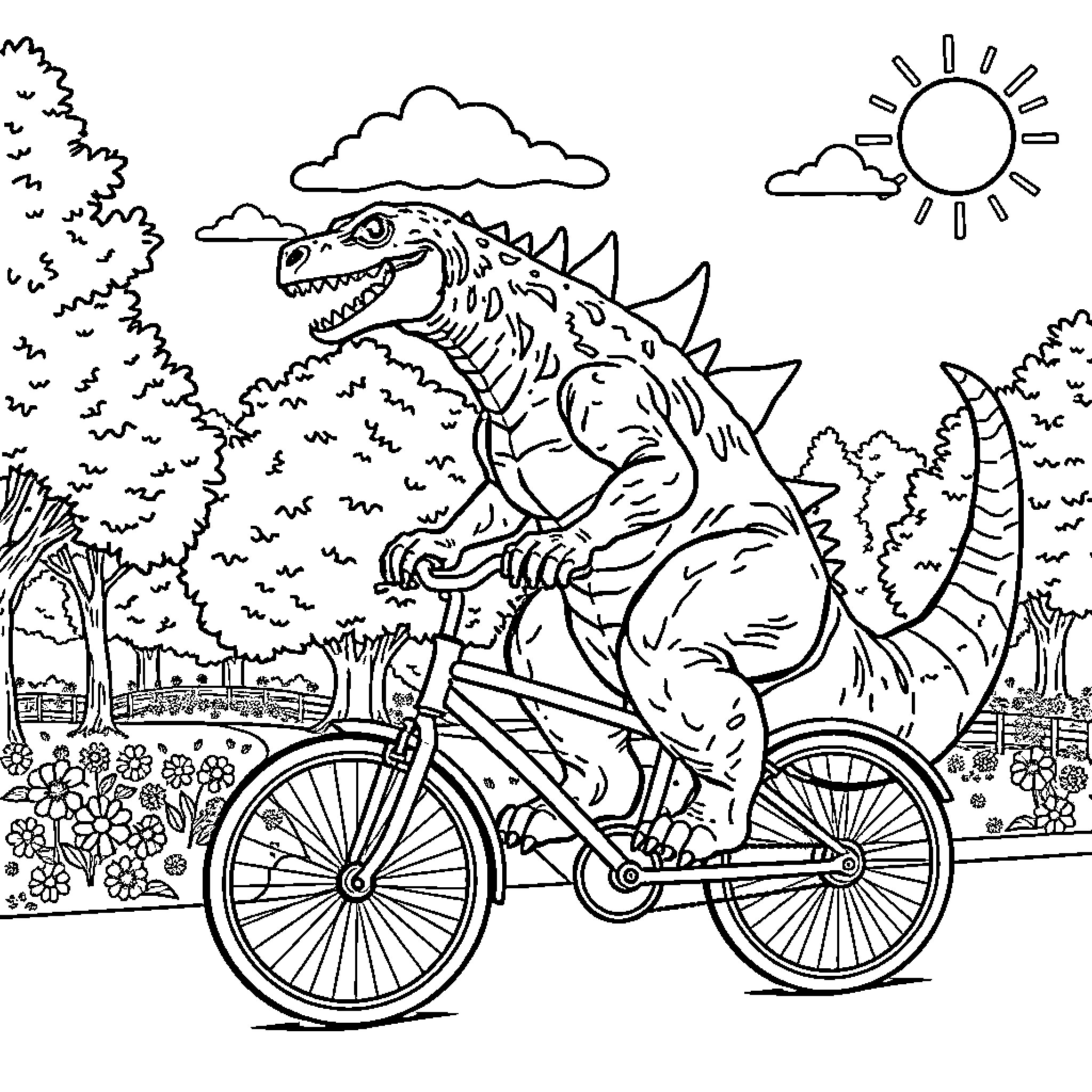 Godzilla rides a bicycle through a scenic landscape Coloring Page (free black-and-white line drawing printable PDF for all, from beginners to advanced learners, including children, teens, adults, and seniors)
