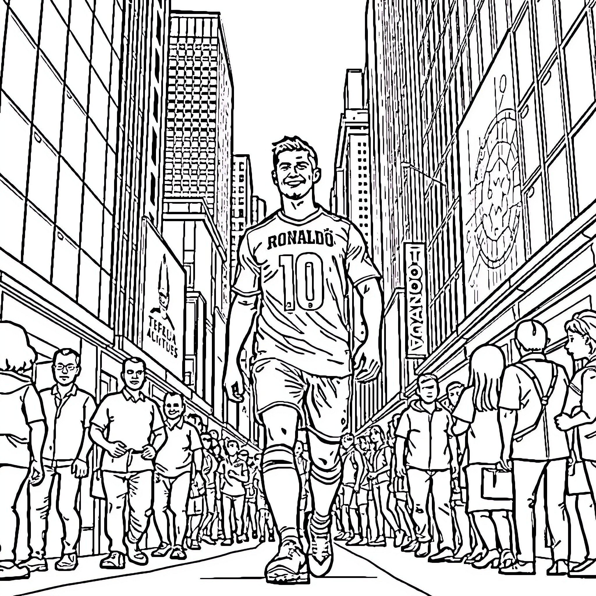 Ronaldo walking confidently through a crowded city street Coloring Page (free black-and-white line drawing printable PDF for all, from beginners to advanced learners, including children, teens, adults, and seniors)