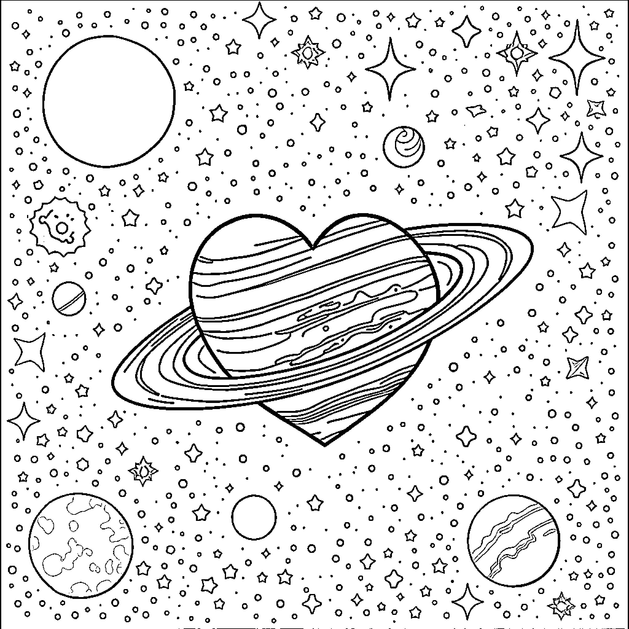 Saturn in the Starry Night Landscape Coloring Page (free black-and-white line drawing printable PDF for all, from beginners to advanced learners, including children, teens, adults, and seniors)