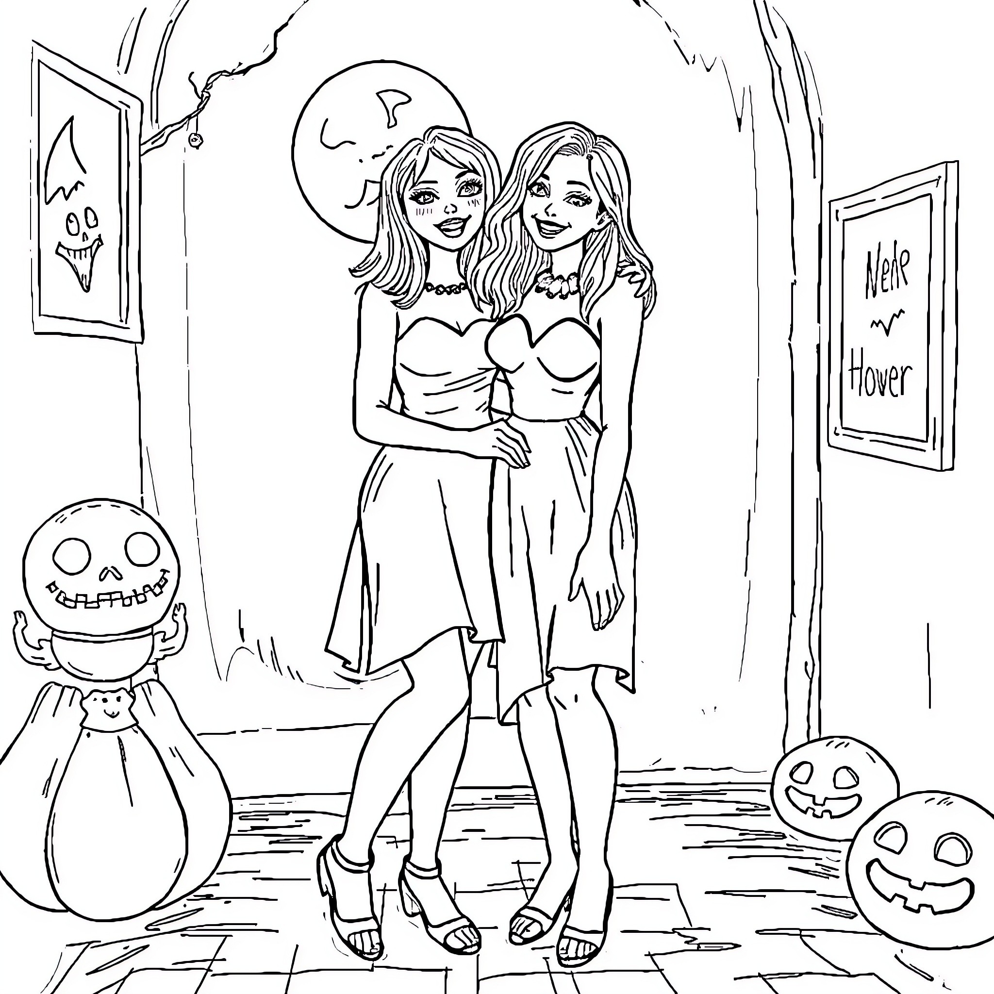 Wednesday Adams and friends celebrate Halloween Coloring Page (free black-and-white line drawing printable PDF for all, from beginners to advanced learners, including children, teens, adults, and seniors)