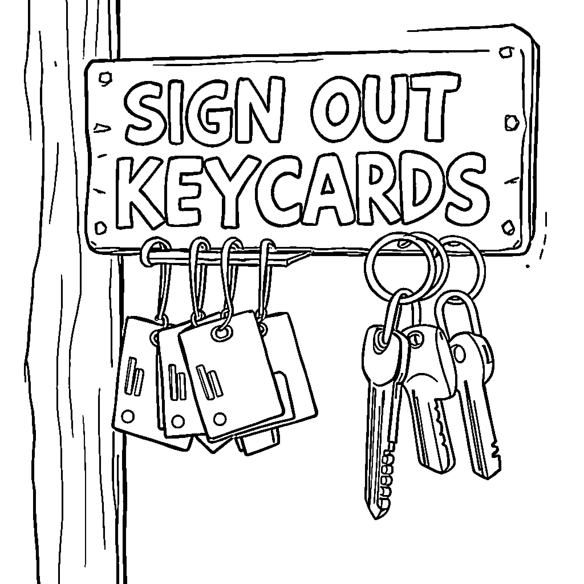 Keycard sign and hanging keycards Coloring Page (free black-and-white line drawing printable PDF for all, from beginners to advanced learners, including children, teens, adults, and seniors)