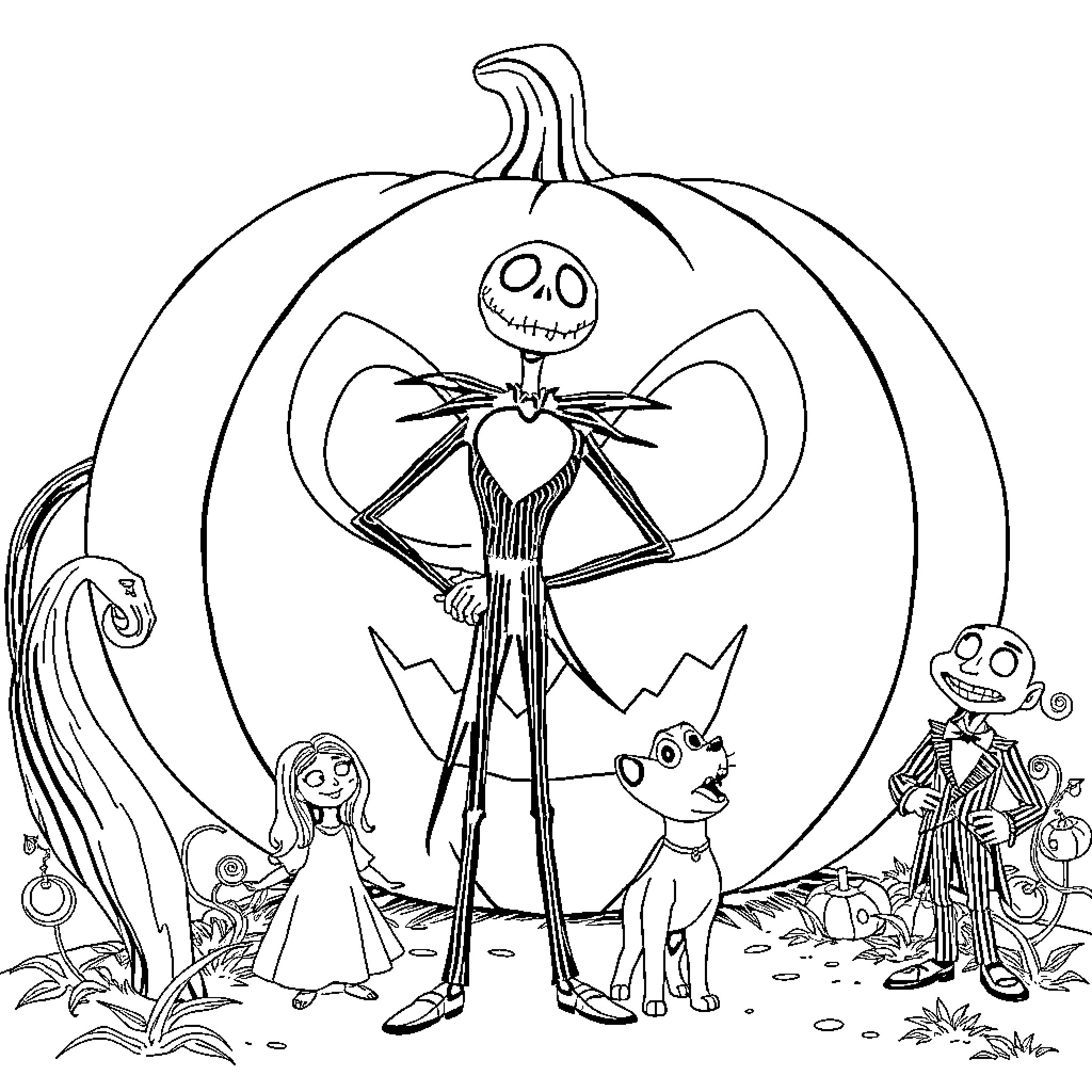 Jack Skellington leading a spooky Halloween scene Coloring Page (free black-and-white line drawing printable PDF for all, from beginners to advanced learners, including children, teens, adults, and seniors)