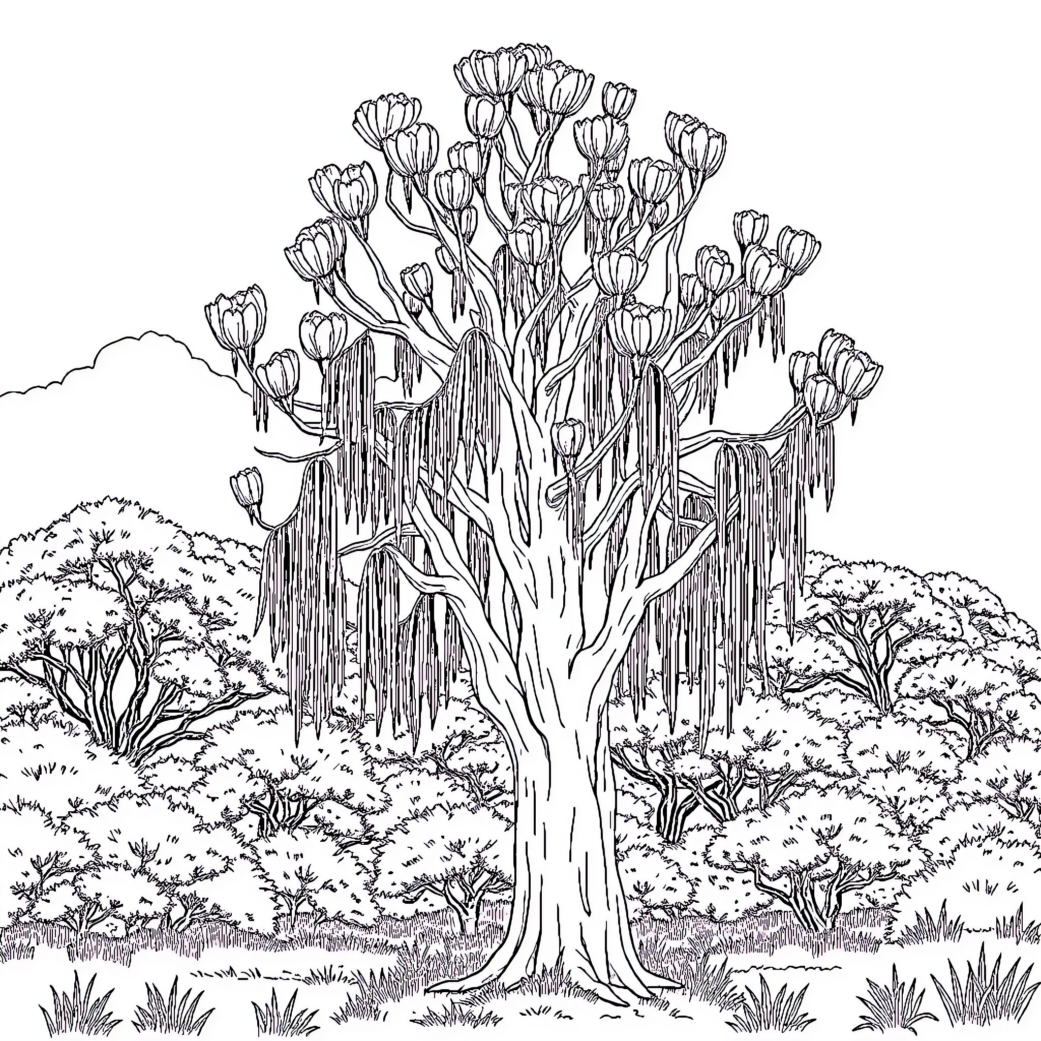 Gum Tree with Blossoming Flowers in Lush Landscape Coloring Page (free black-and-white line drawing printable PDF for all, from beginners to advanced learners, including children, teens, adults, and seniors)