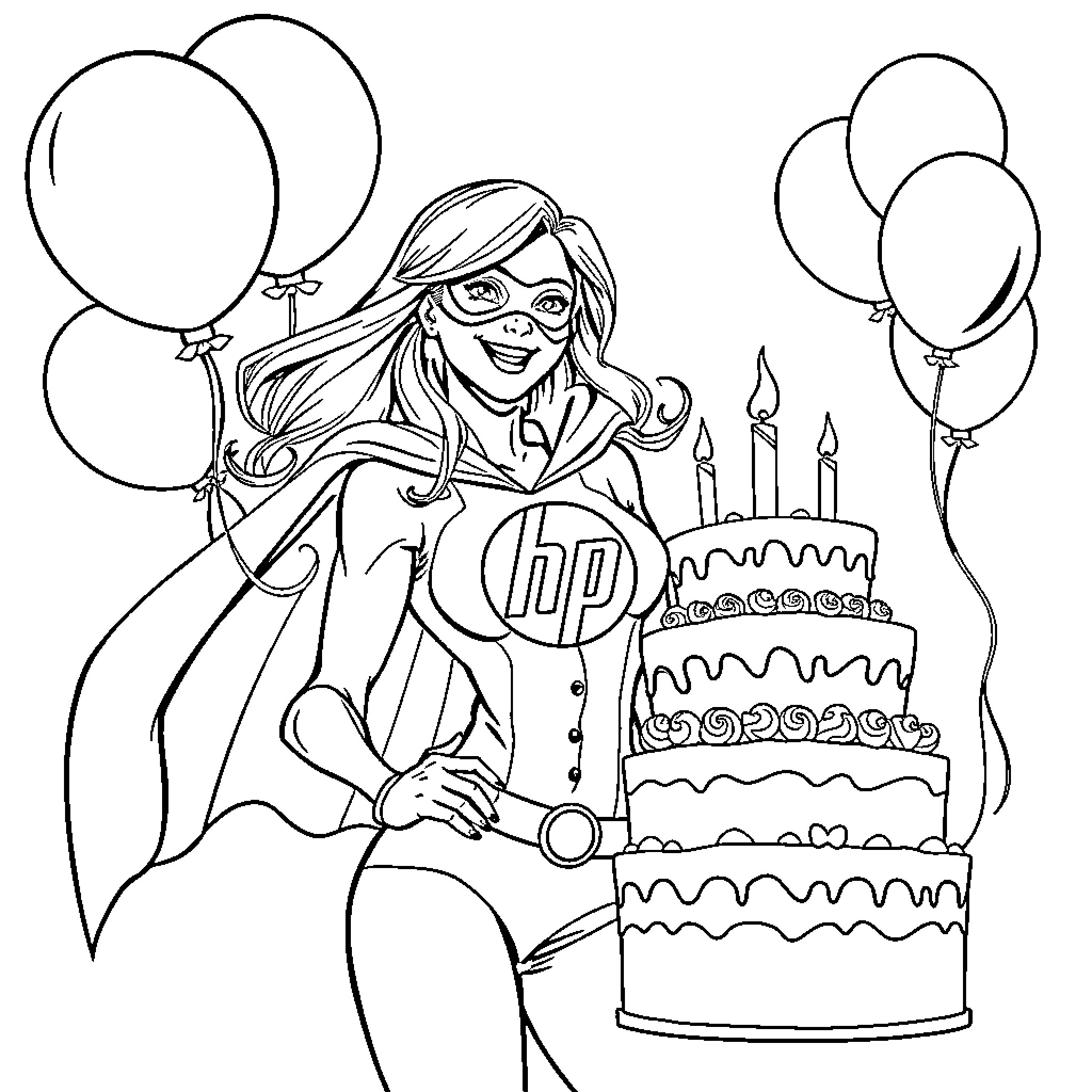 Superhero Celebrating Birthday with Cake and Balloons Coloring Page (free black-and-white line drawing printable PDF for all, from beginners to advanced learners, including children, teens, adults, and seniors)