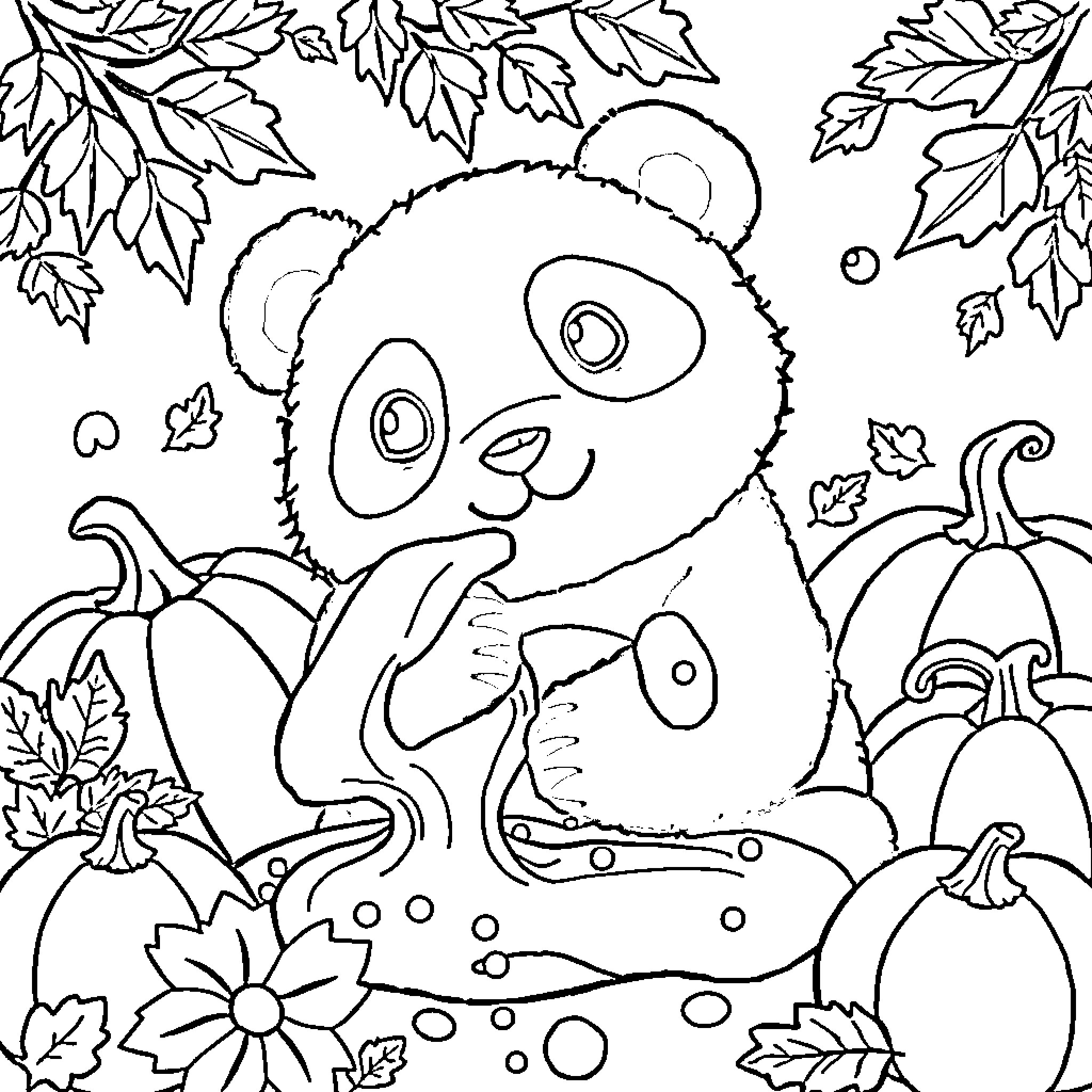 Panda playing in autumn leaves Coloring Page (free black-and-white line drawing printable PDF for all, from beginners to advanced learners, including children, teens, adults, and seniors)