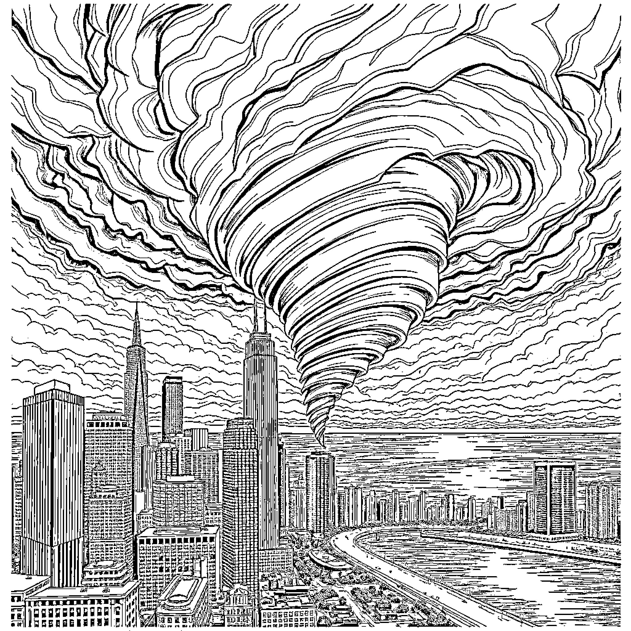 Tornado Sweeps Through Towering Cityscape Coloring Page (free black-and-white line drawing printable PDF for all, from beginners to advanced learners, including children, teens, adults, and seniors)