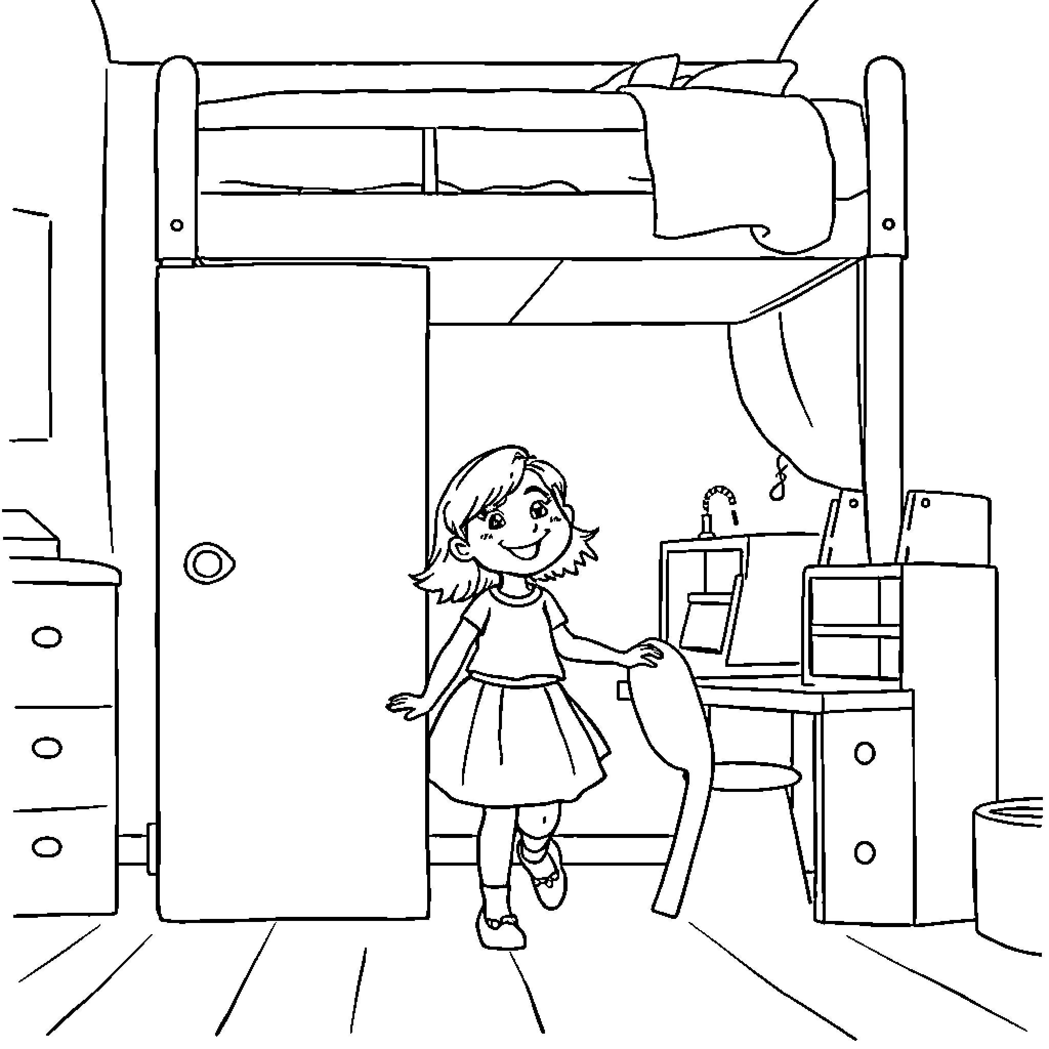 Girl exploring her bedroom playfully Coloring Page (free black-and-white line drawing printable PDF for all, from beginners to advanced learners, including children, teens, adults, and seniors)