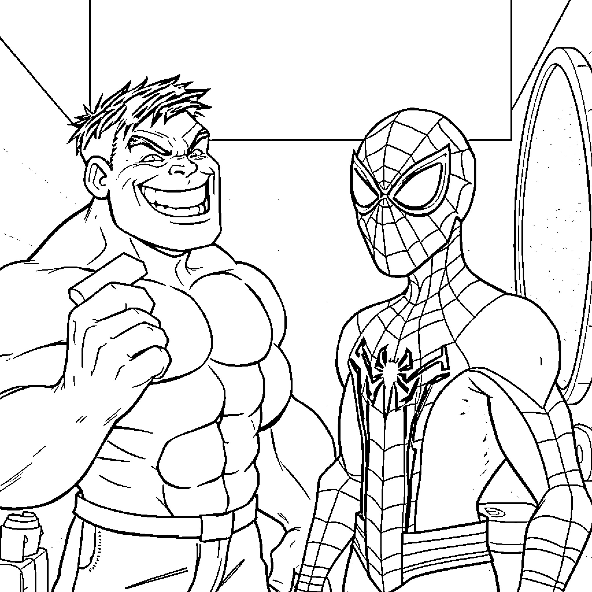 Hulk and Spiderman in Epic Confrontation Coloring Page (free black-and-white line drawing printable PDF for all, from beginners to advanced learners, including children, teens, adults, and seniors)