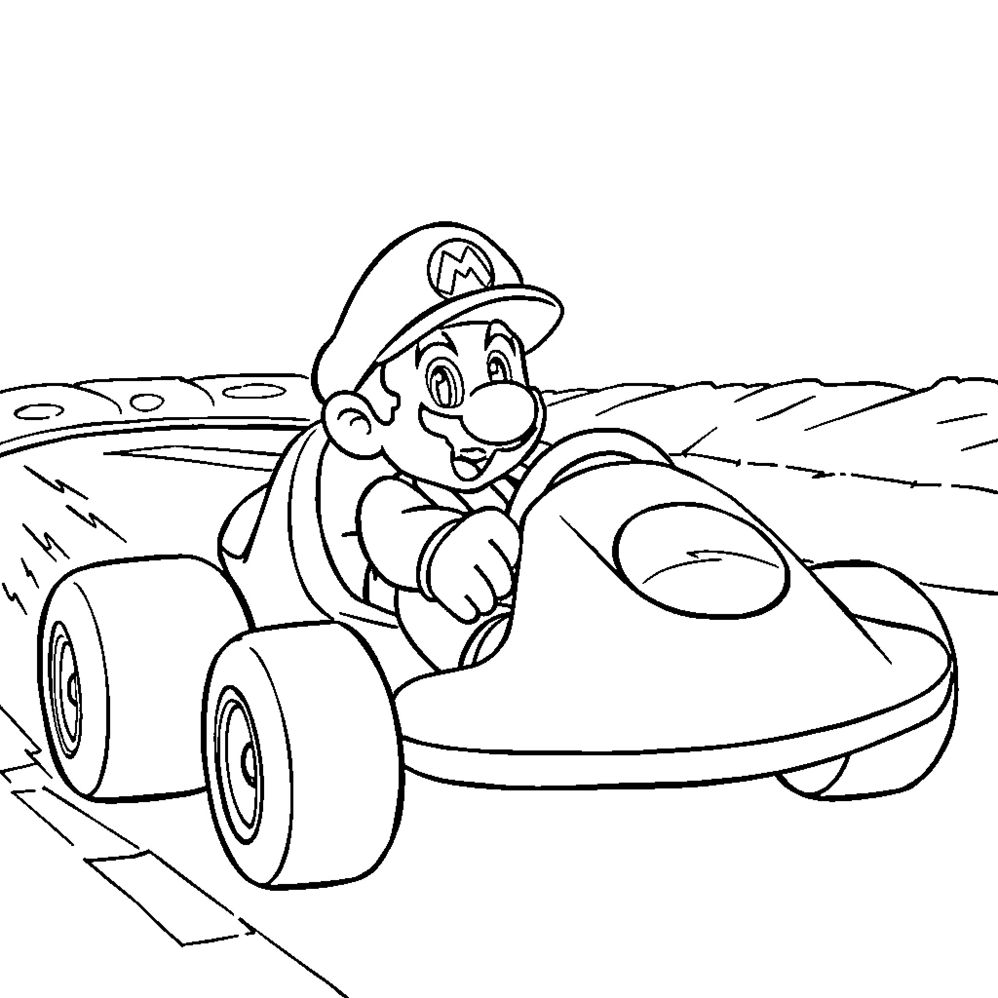 Mario racing on a kart through the countryside Coloring Page (free black-and-white line drawing printable PDF for all, from beginners to advanced learners, including children, teens, adults, and seniors)
