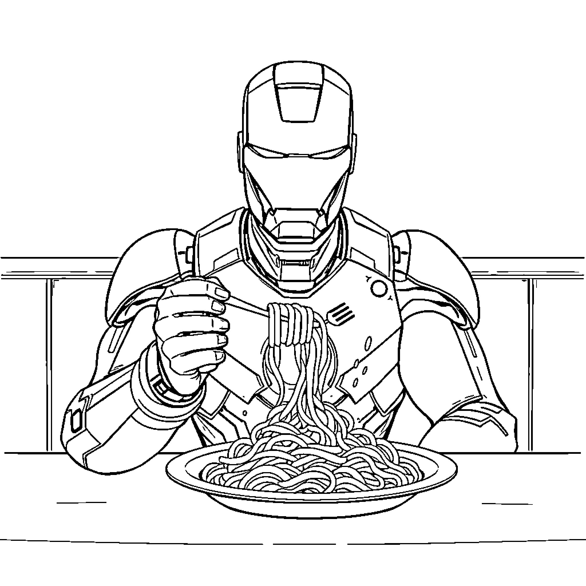 Iron Man enjoying a meal of spaghetti Coloring Page (free black-and-white line drawing printable PDF for all, from beginners to advanced learners, including children, teens, adults, and seniors)