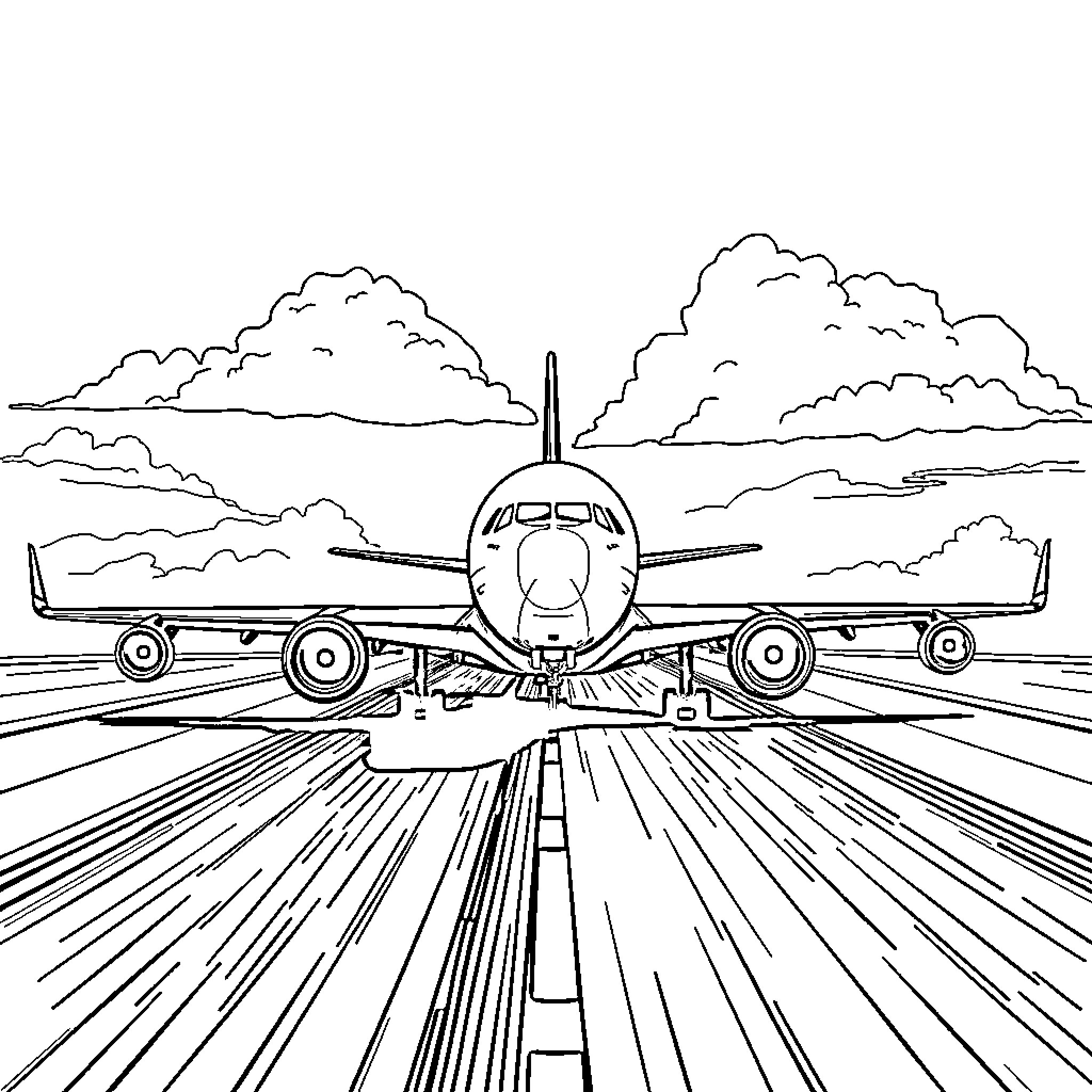 Plane taking off on the runway Coloring Page (free black-and-white line drawing printable PDF for all, from beginners to advanced learners, including children, teens, adults, and seniors)