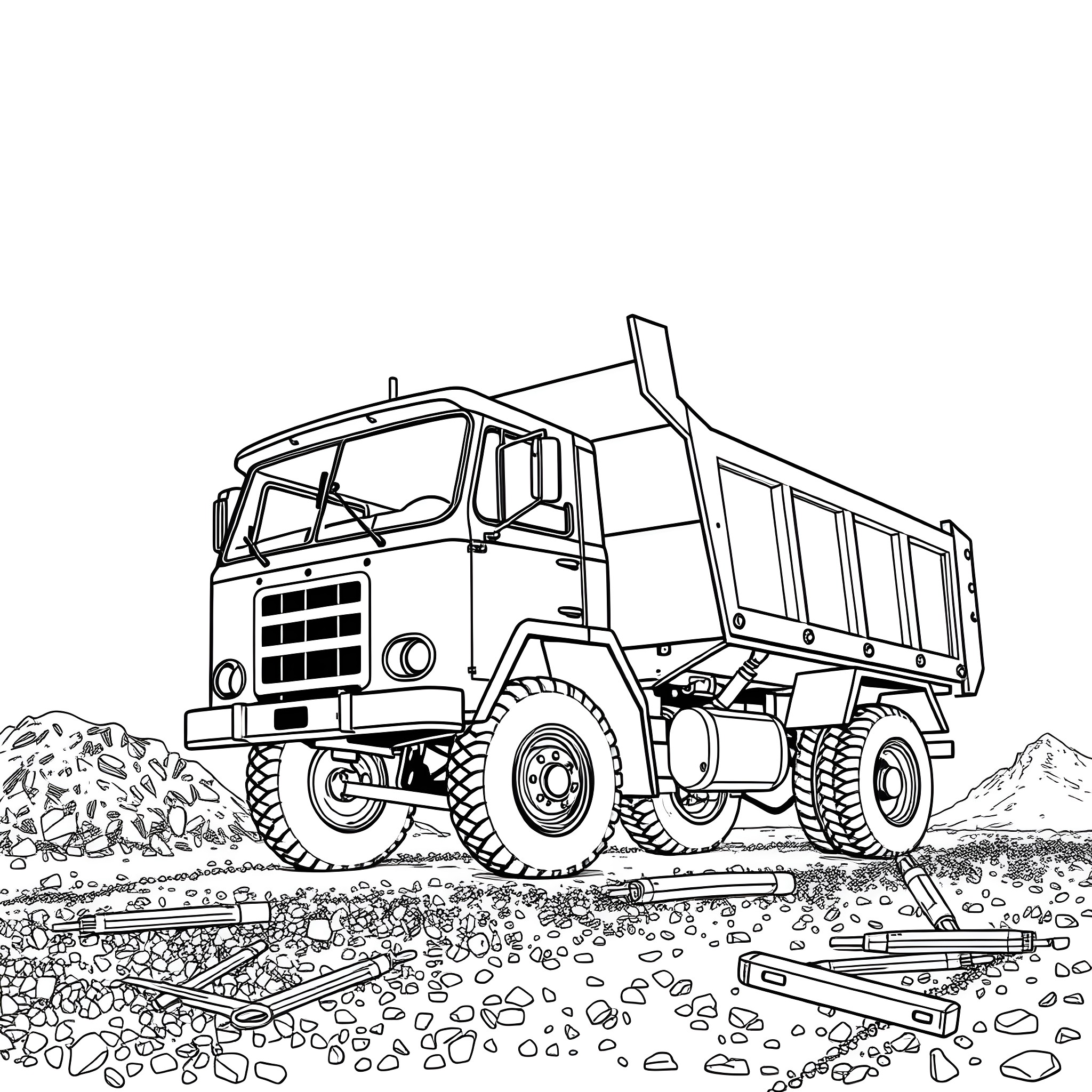 Dump Truck carrying rocks on rugged terrain Coloring Page (free black-and-white line drawing printable PDF for all, from beginners to advanced learners, including children, teens, adults, and seniors)