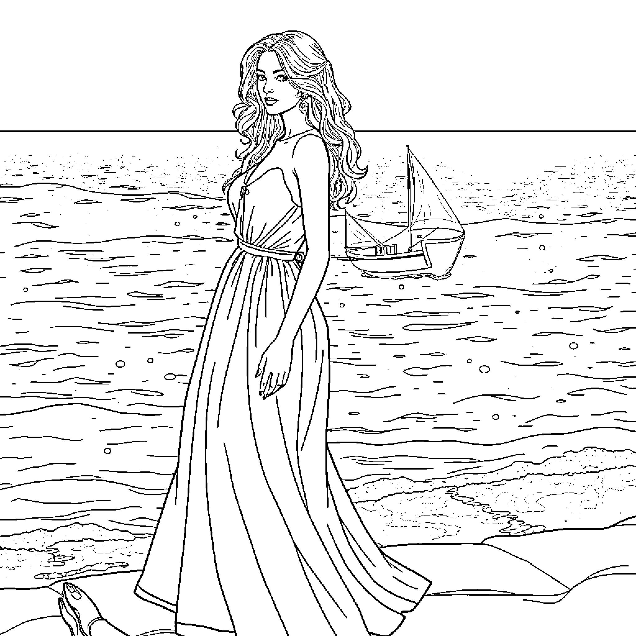 Lady by the Seashore with Sailboat Coloring Page (free black-and-white line drawing printable PDF for all, from beginners to advanced learners, including children, teens, adults, and seniors)