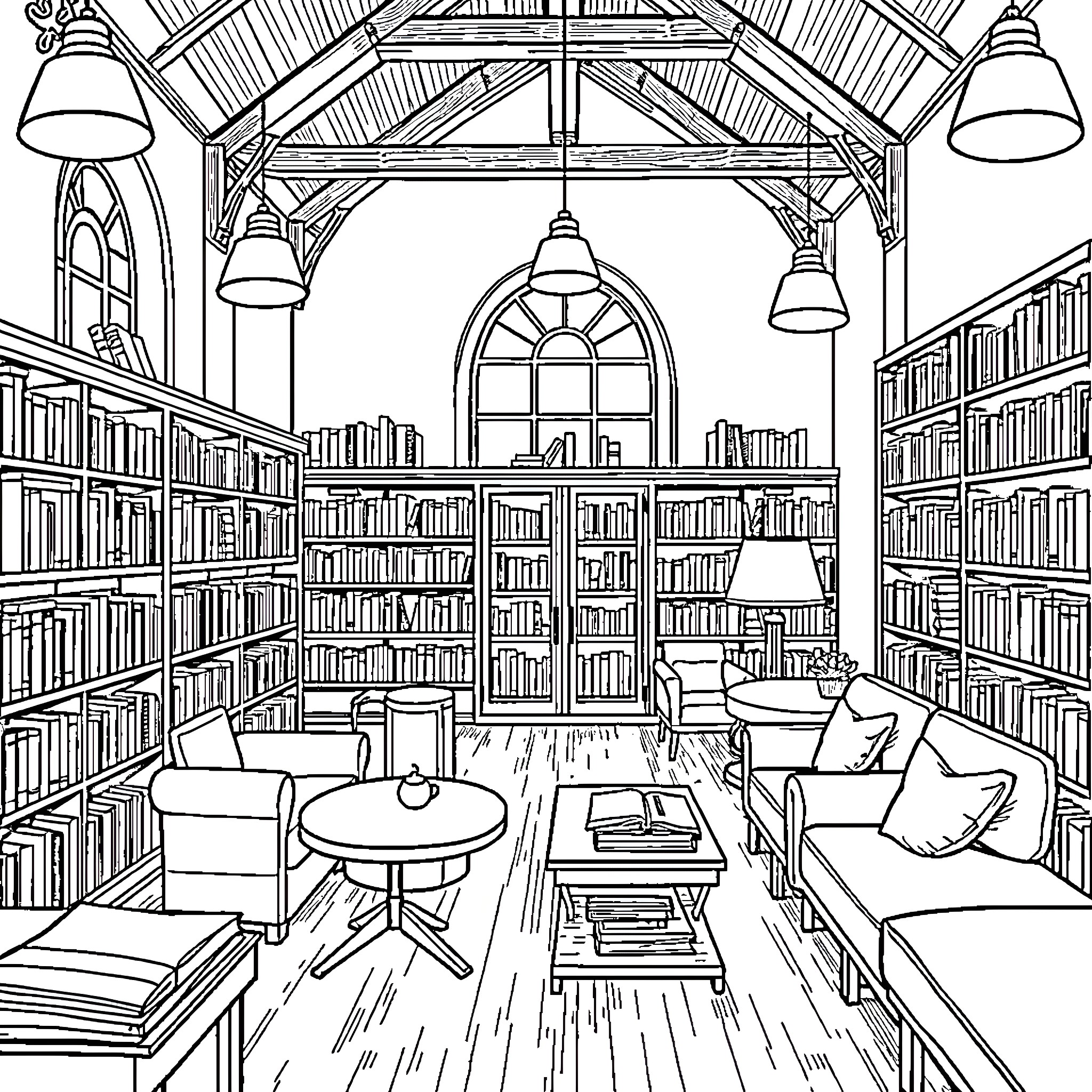Libra's Cozy Library Retreat Coloring Page (free black-and-white line drawing printable PDF for all, from beginners to advanced learners, including children, teens, adults, and seniors)