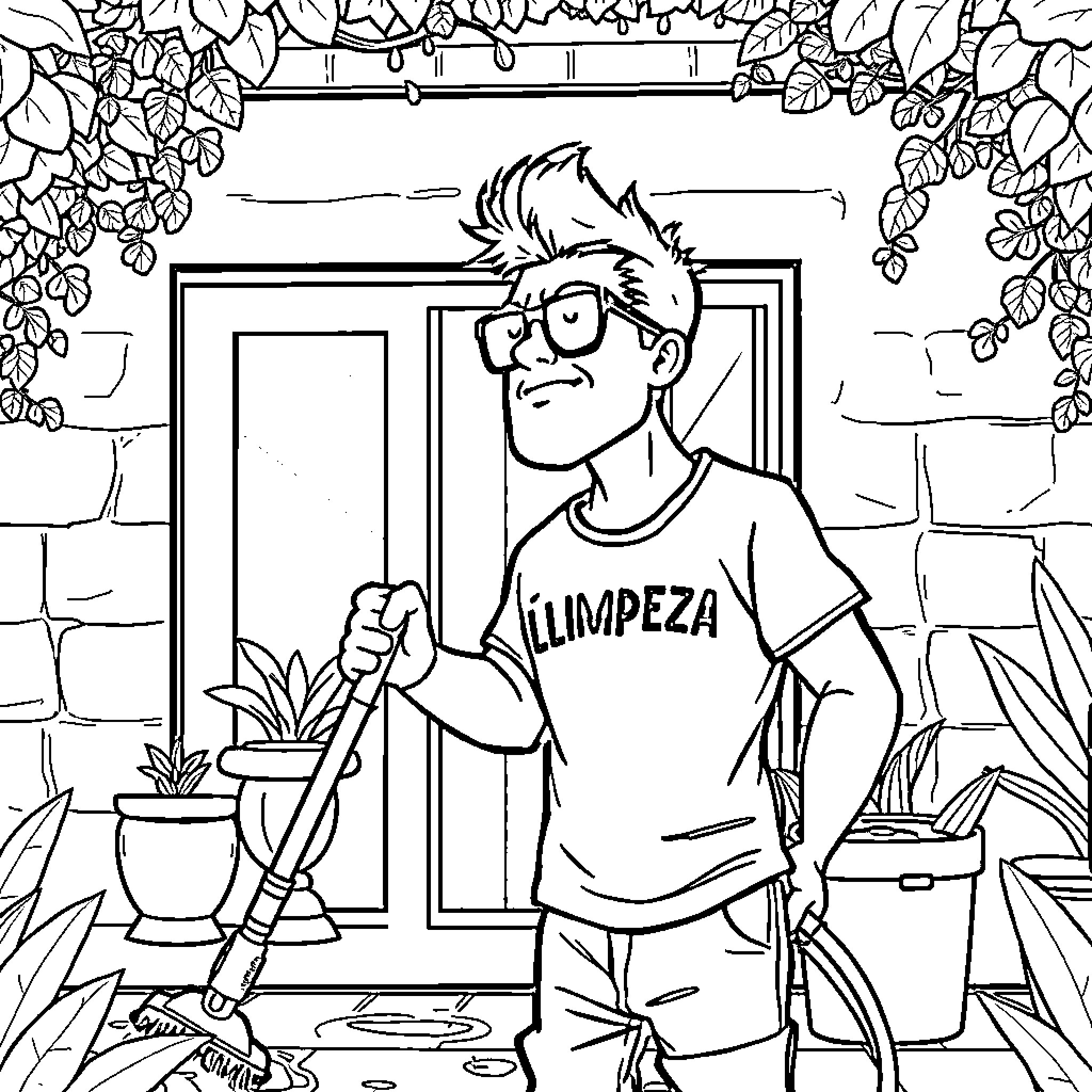 Oliver Atom cleaning up his garden Coloring Page (free black-and-white line drawing printable PDF for all, from beginners to advanced learners, including children, teens, adults, and seniors)