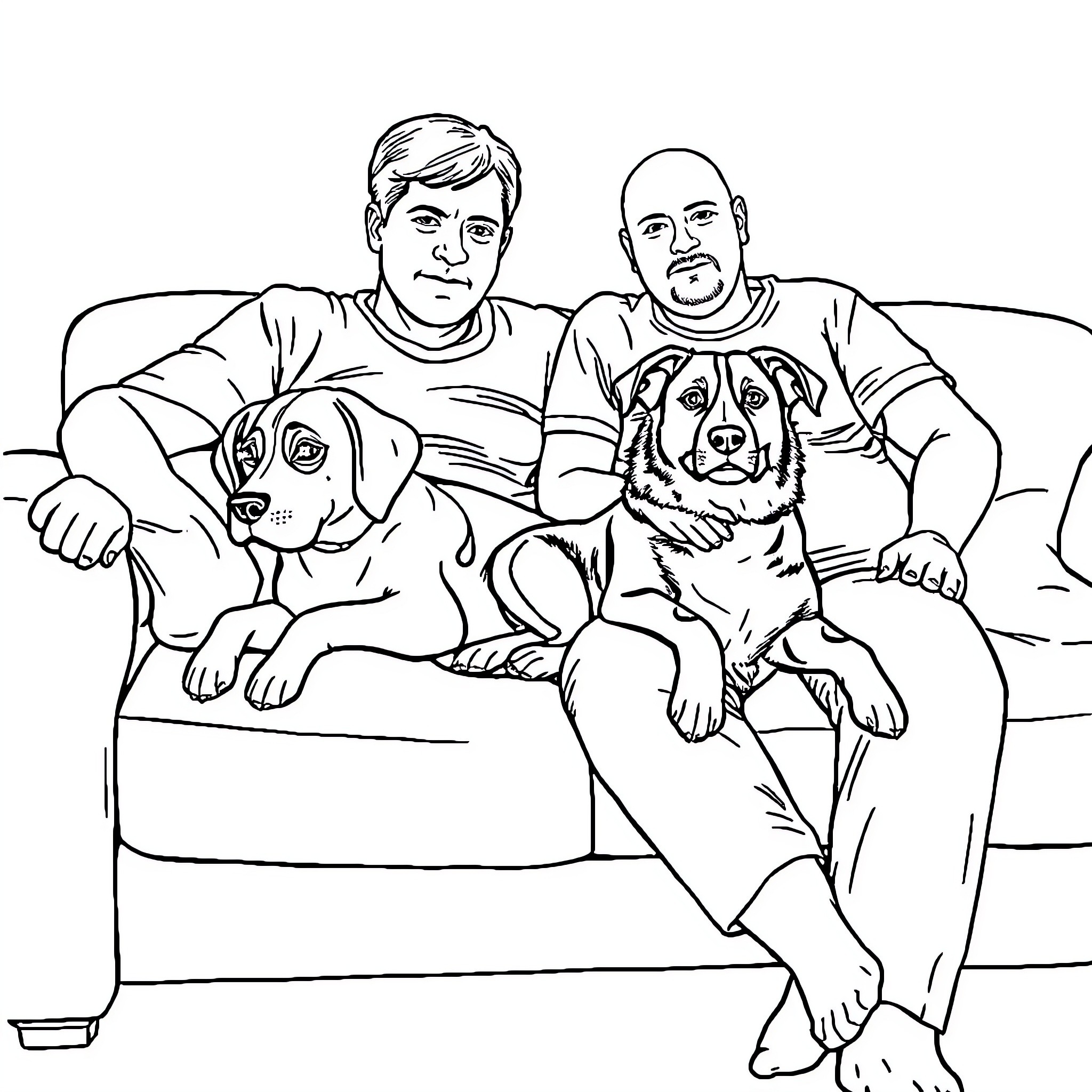 Beagle enjoying time with loving owners on sofa Coloring Page (free black-and-white line drawing printable PDF for all, from beginners to advanced learners, including children, teens, adults, and seniors)
