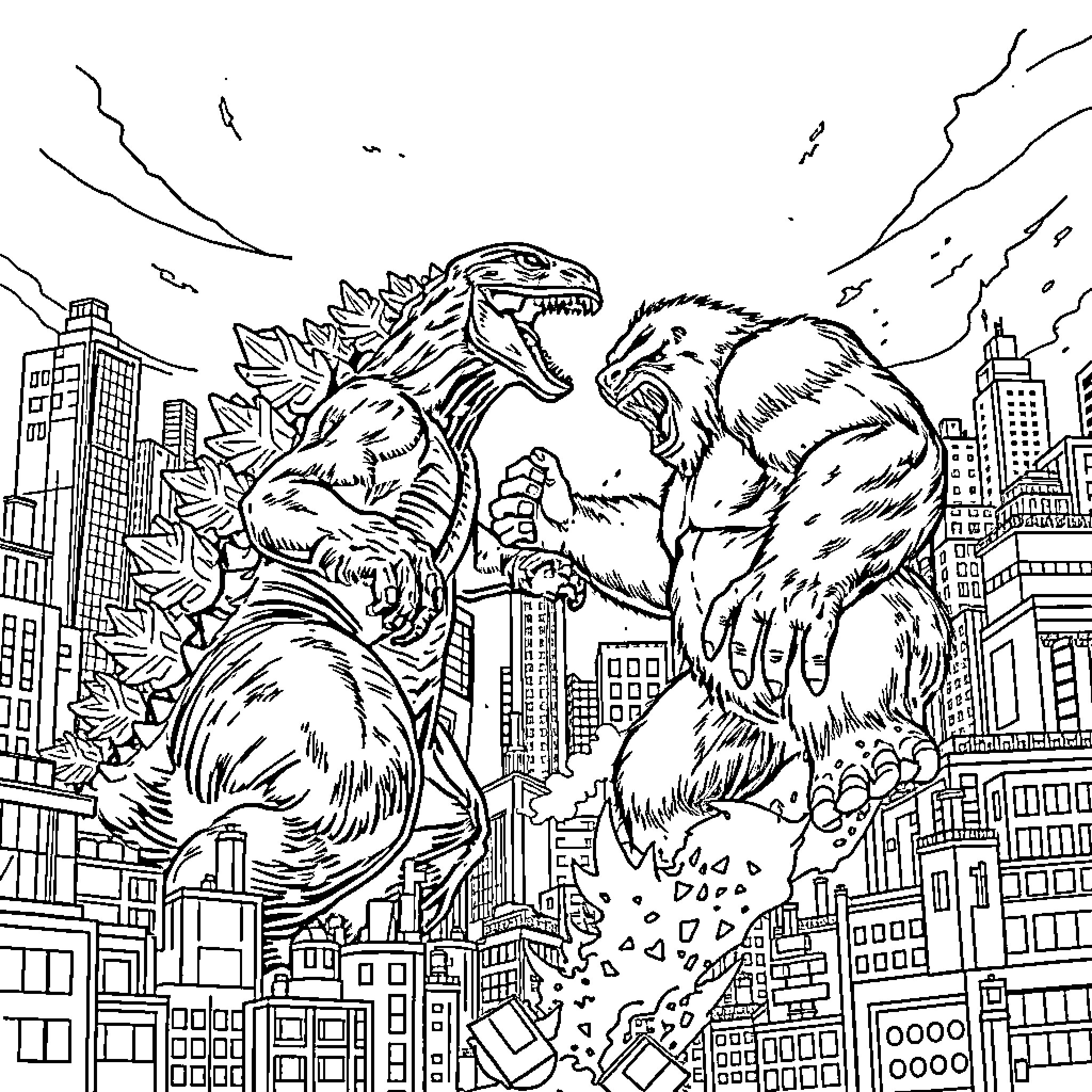 Godzilla vs. Kaiju: Epic Monster Clash in the City Coloring Page (free black-and-white line drawing printable PDF for all, from beginners to advanced learners, including children, teens, adults, and seniors)