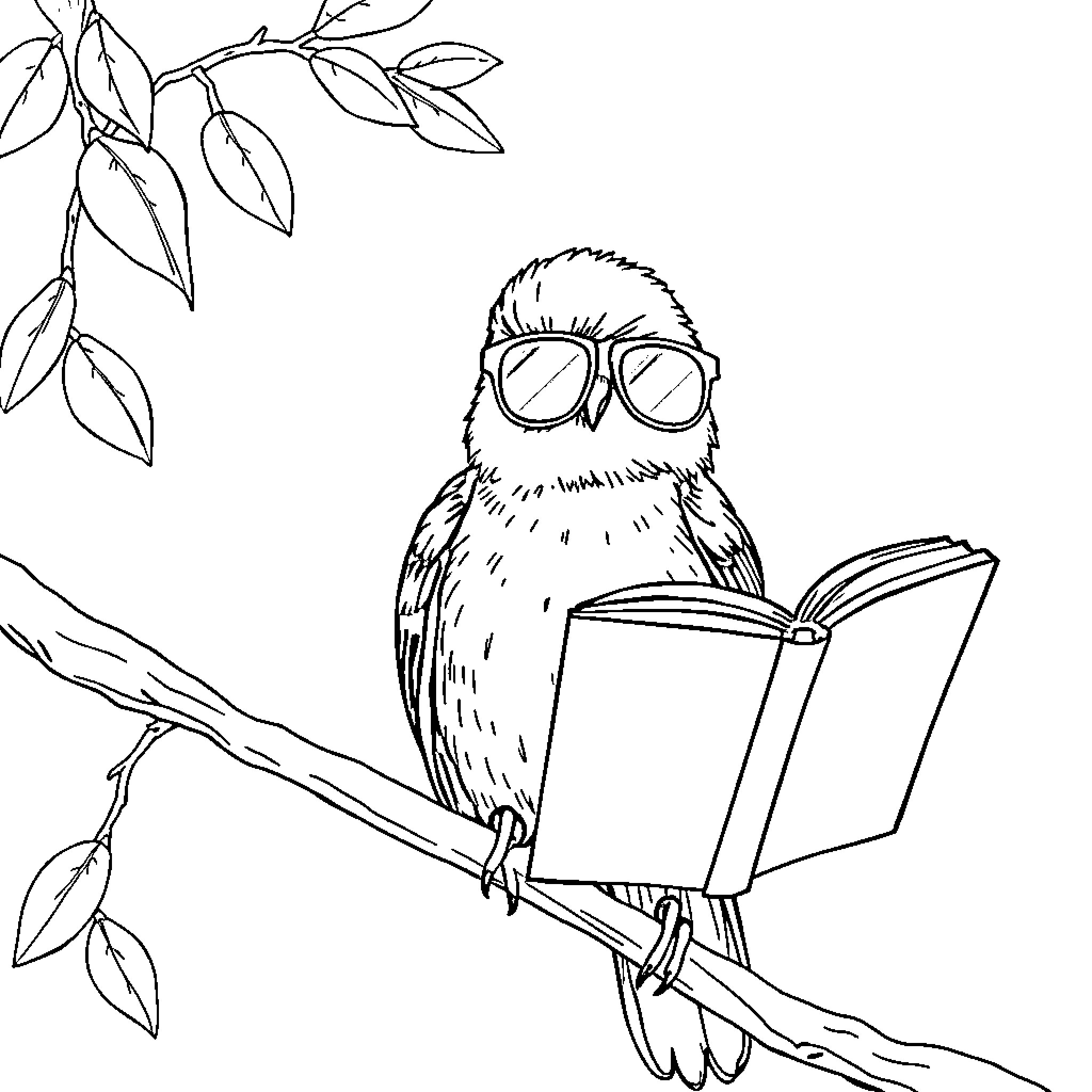 Owl reading a book on a branch Coloring Page (free black-and-white line drawing printable PDF for all, from beginners to advanced learners, including children, teens, adults, and seniors)
