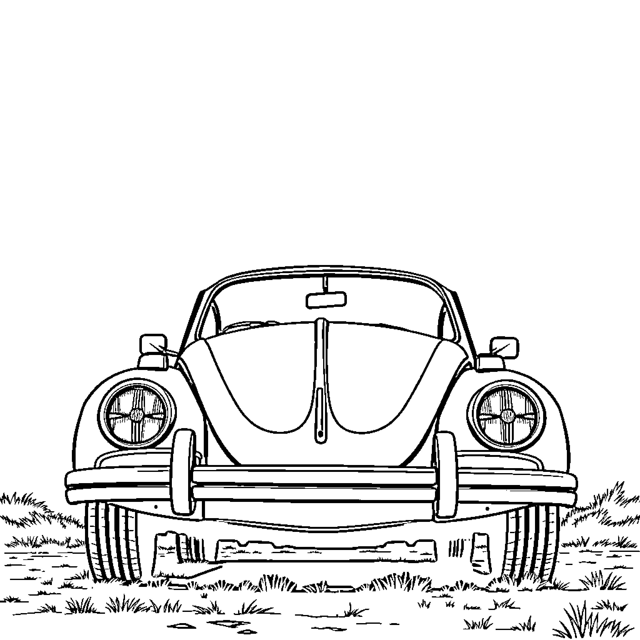VW Beetle parked in the field Coloring Page (free black-and-white line drawing printable PDF for all, from beginners to advanced learners, including children, teens, adults, and seniors)