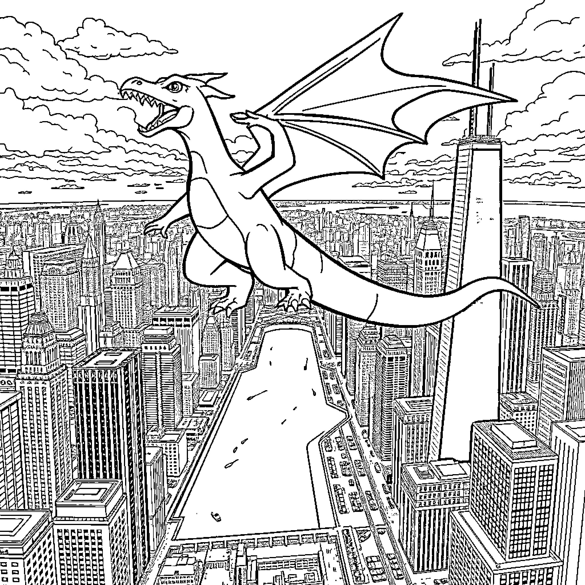 Charizard soaring over a futuristic city skyline Coloring Page (free black-and-white line drawing printable PDF for all, from beginners to advanced learners, including children, teens, adults, and seniors)