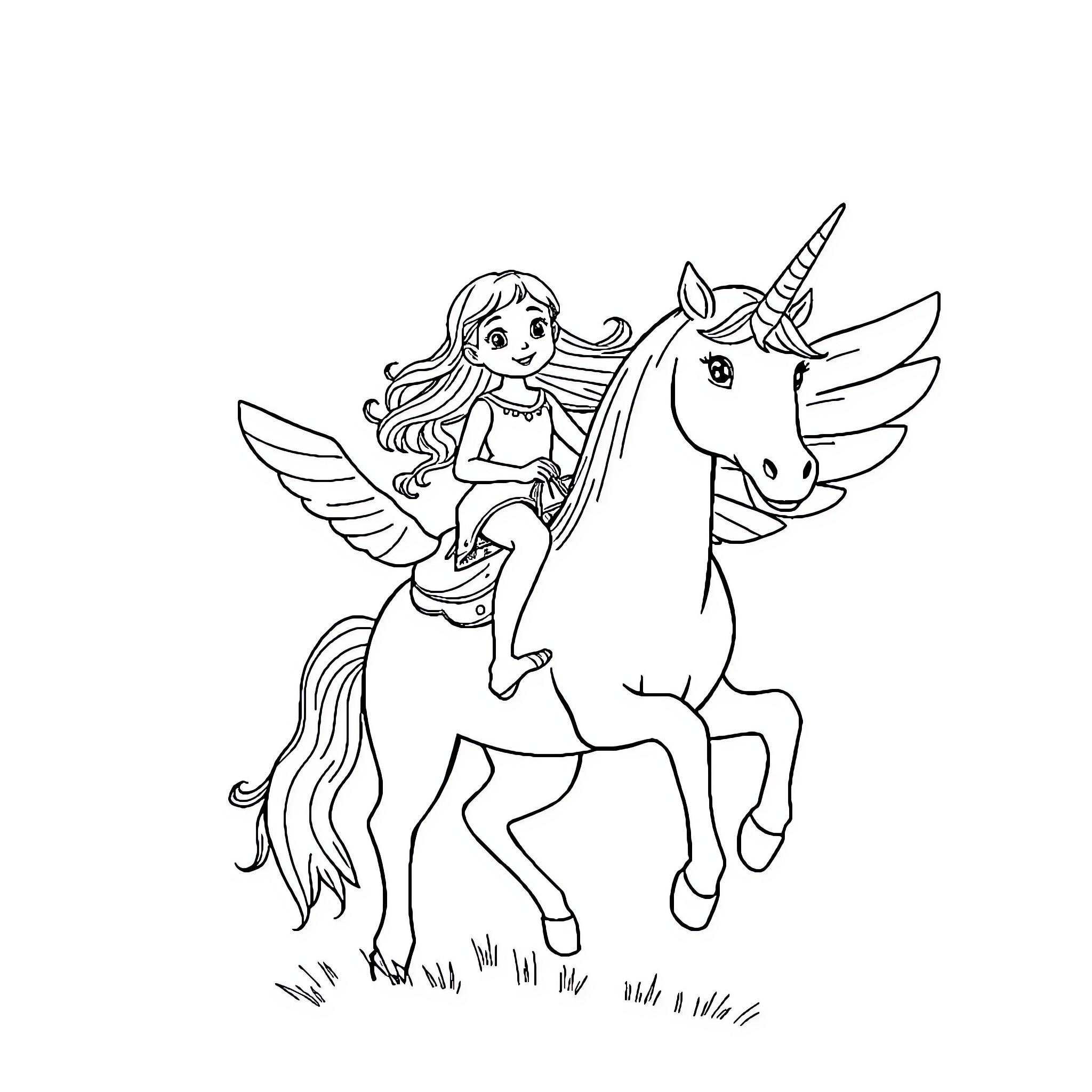Unicorn carrying a cheerful young girl through a field Coloring Page (free black-and-white line drawing printable PDF for all, from beginners to advanced learners, including children, teens, adults, and seniors)