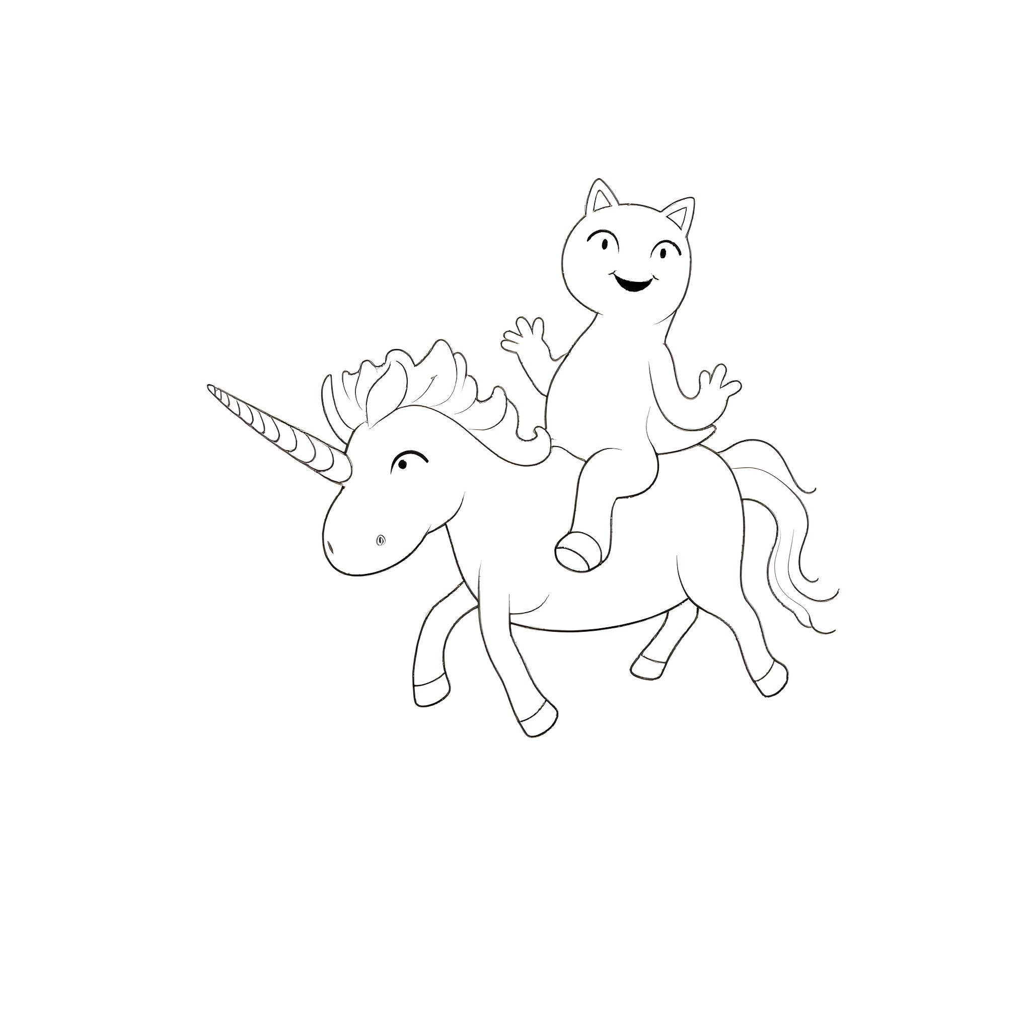 Dinosaur riding a unicorn happily Coloring Page (free black-and-white line drawing printable PDF for all, from beginners to advanced learners, including children, teens, adults, and seniors)