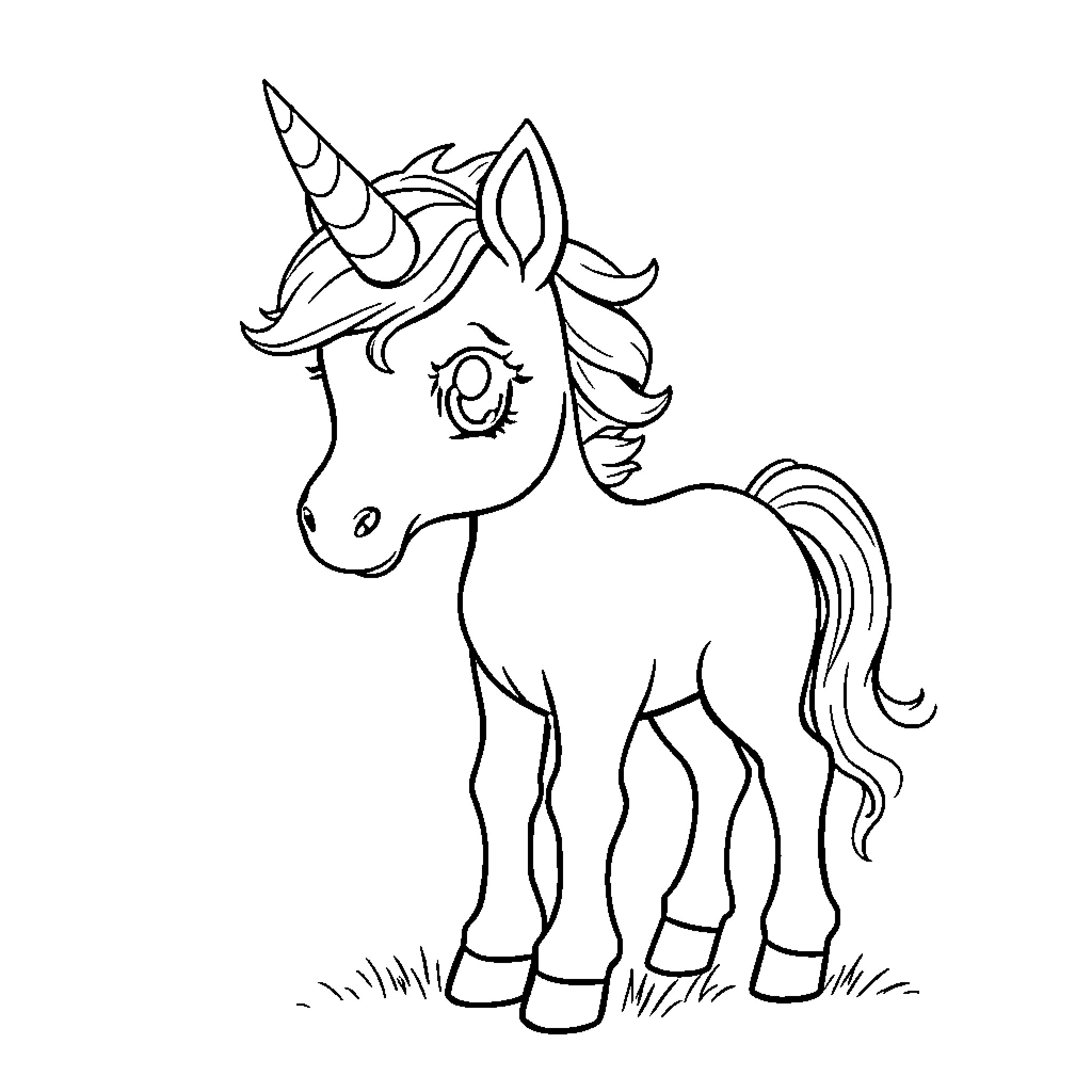 Unicorn standing in a field Coloring Page (free black-and-white line drawing printable PDF for all, from beginners to advanced learners, including children, teens, adults, and seniors)