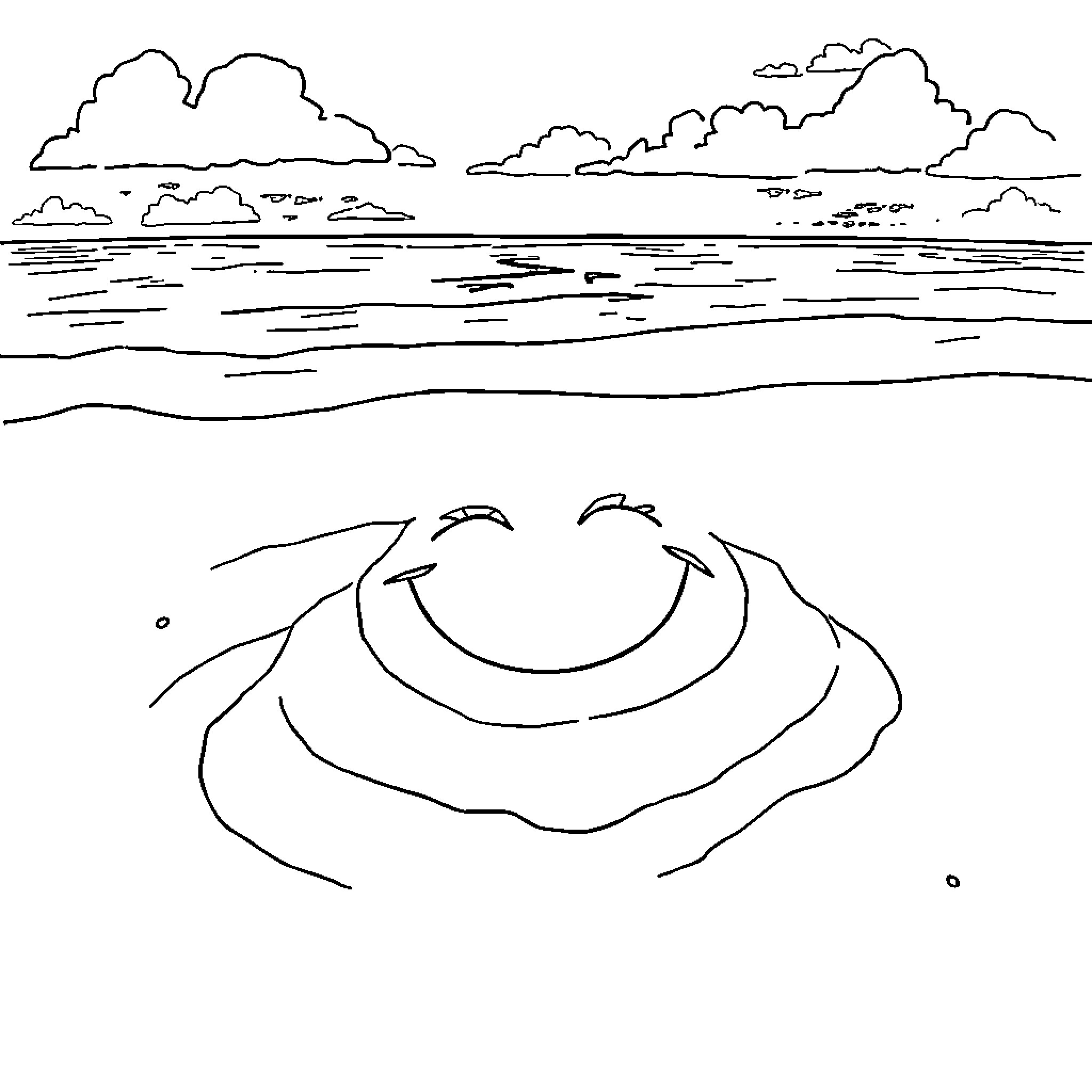 Smiley figure in calm ocean landscape Coloring Page (free black-and-white line drawing printable PDF for all, from beginners to advanced learners, including children, teens, adults, and seniors)