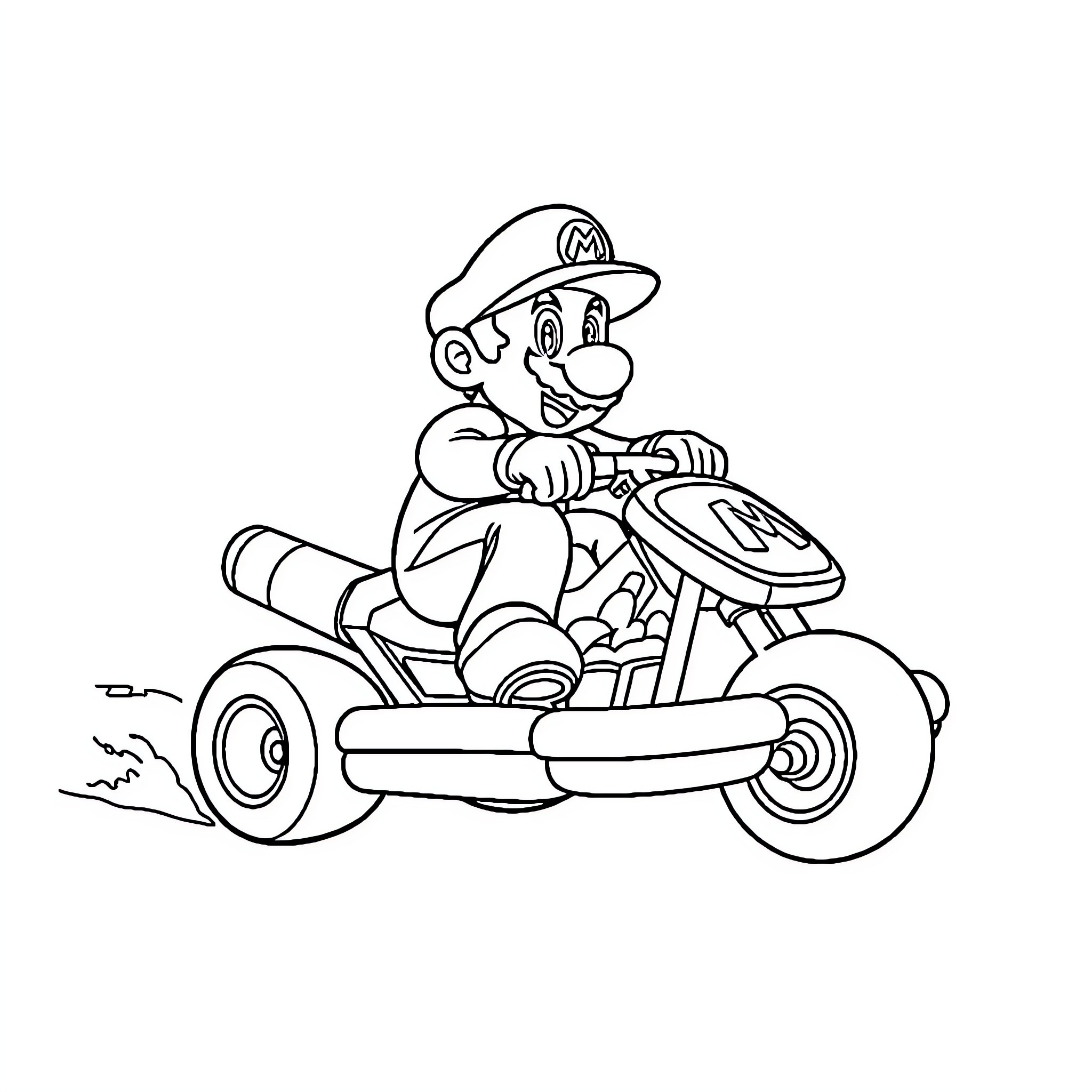 Mario Kart racing in a kart Coloring Page (free black-and-white line drawing printable PDF for all, from beginners to advanced learners, including children, teens, adults, and seniors)