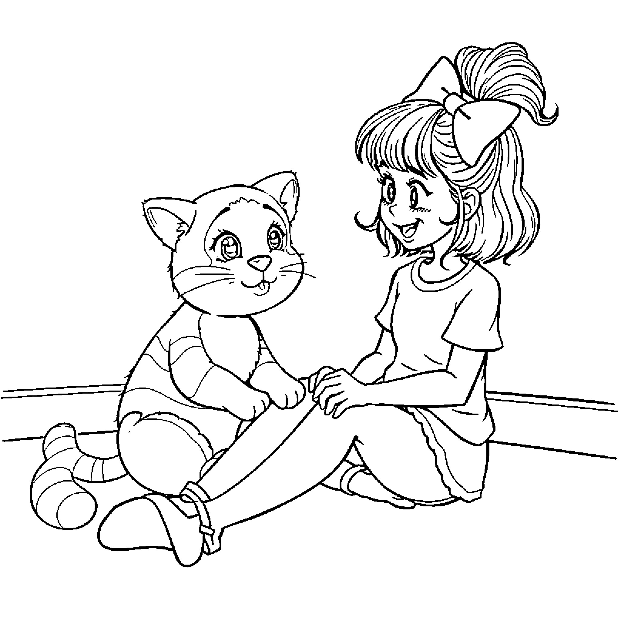 Gabby playing with her pet cat Coloring Page (free black-and-white line drawing printable PDF for all, from beginners to advanced learners, including children, teens, adults, and seniors)