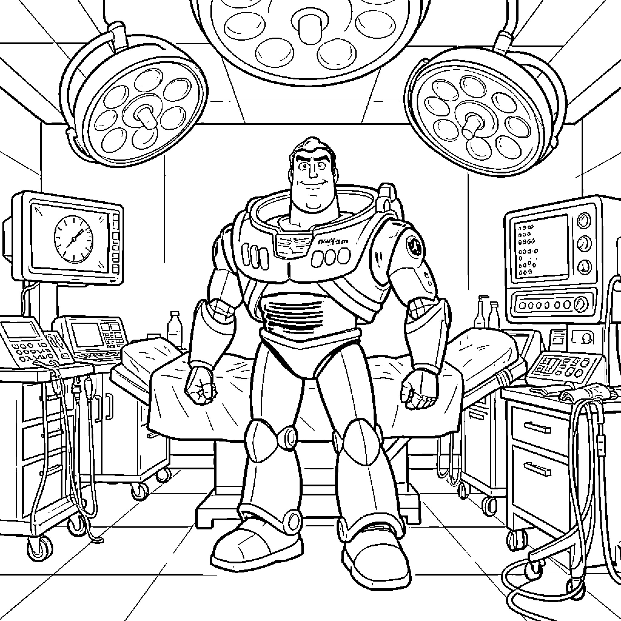 Buzz Lightyear standing confidently in a medical operating room Coloring Page (free black-and-white line drawing printable PDF for all, from beginners to advanced learners, including children, teens, adults, and seniors)