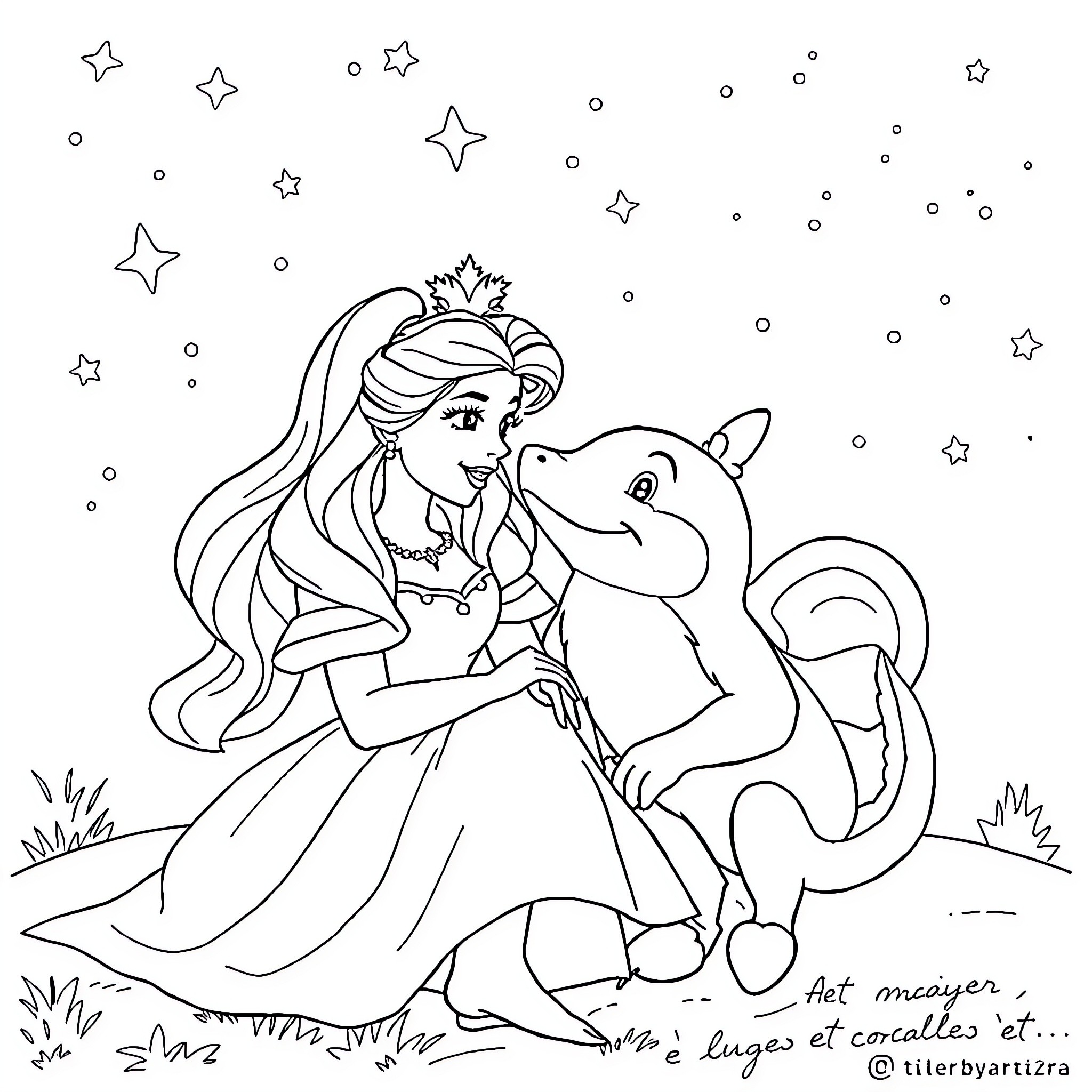 Lady And The Tramp - Princess and Pet Enjoying the Outdoors Coloring Page (free black-and-white line drawing printable PDF for all, from beginners to advanced learners, including children, teens, adults, and seniors)