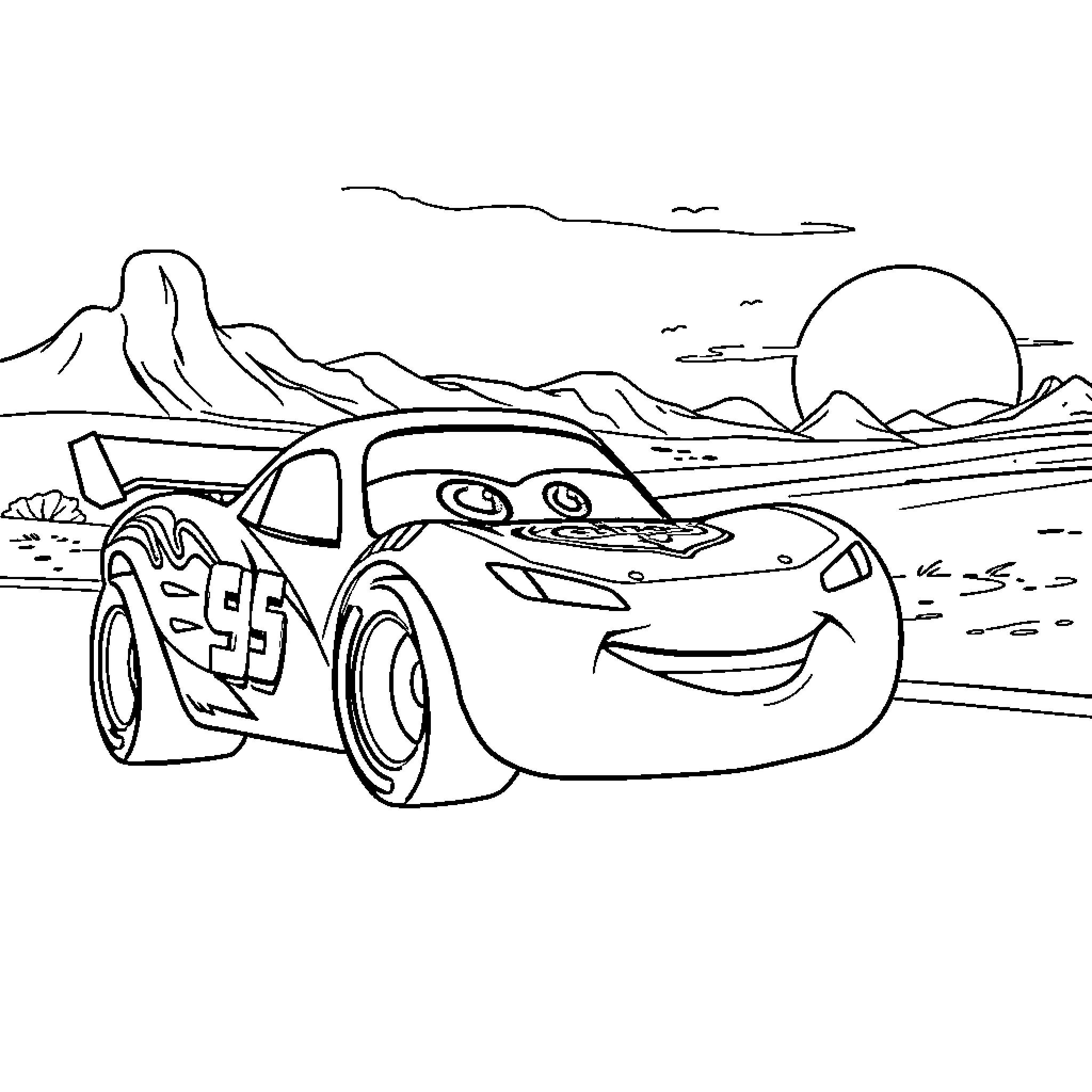Voiture racing through scenic desert landscape Coloring Page (free black-and-white line drawing printable PDF for all, from beginners to advanced learners, including children, teens, adults, and seniors)
