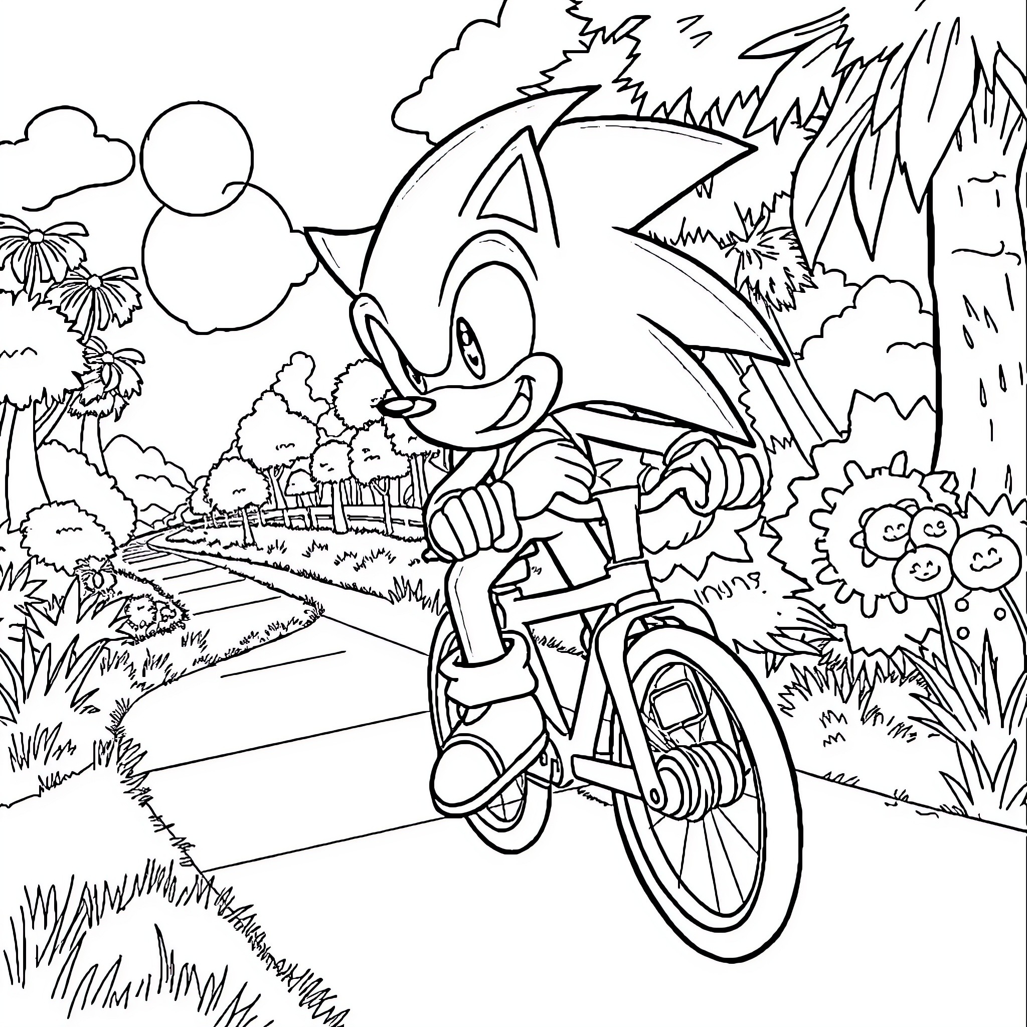 Sonic riding a bicycle through a scenic landscape Coloring Page (free black-and-white line drawing printable PDF for all, from beginners to advanced learners, including children, teens, adults, and seniors)