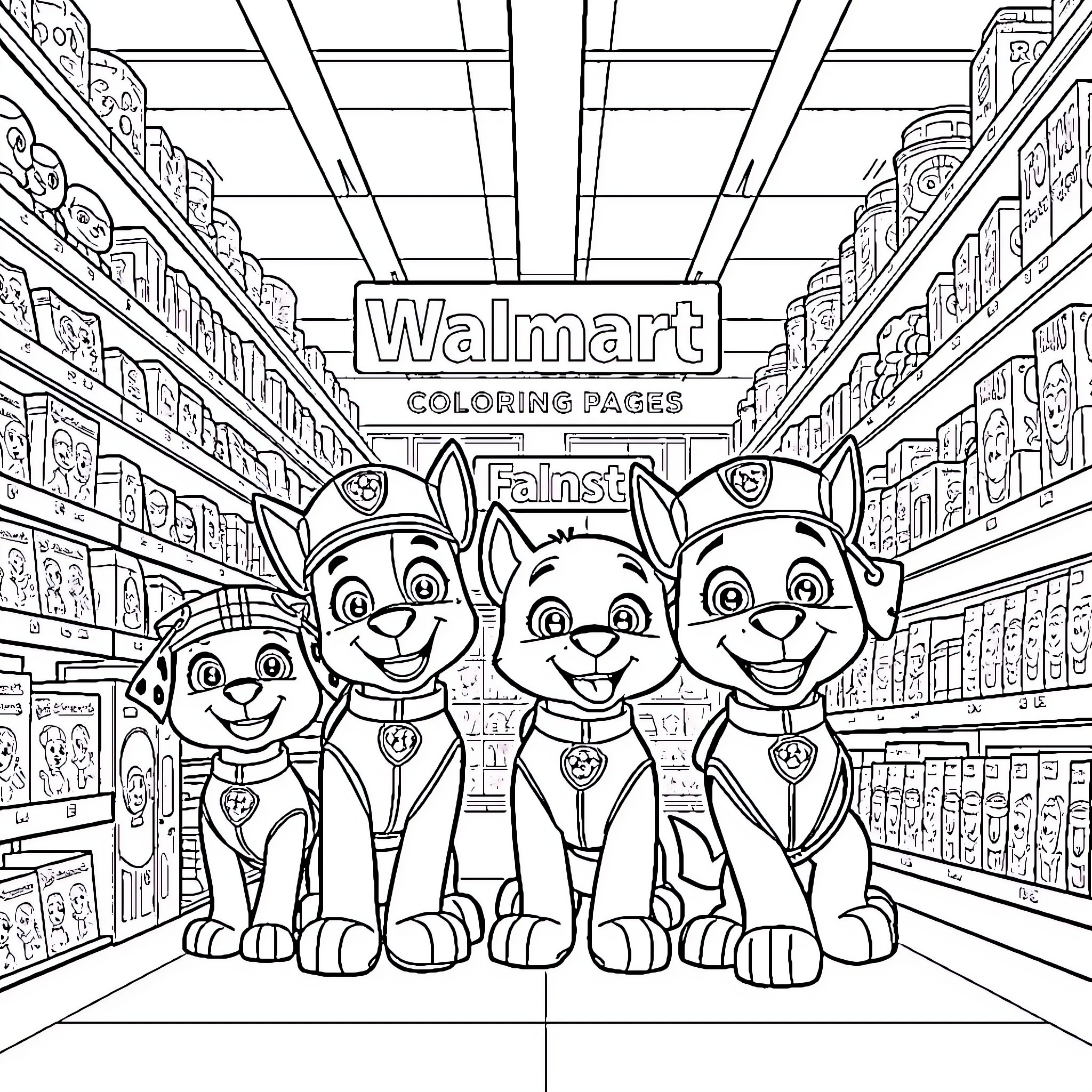 Paw Patrol characters exploring the Walmart store Coloring Page (free black-and-white line drawing printable PDF for all, from beginners to advanced learners, including children, teens, adults, and seniors)