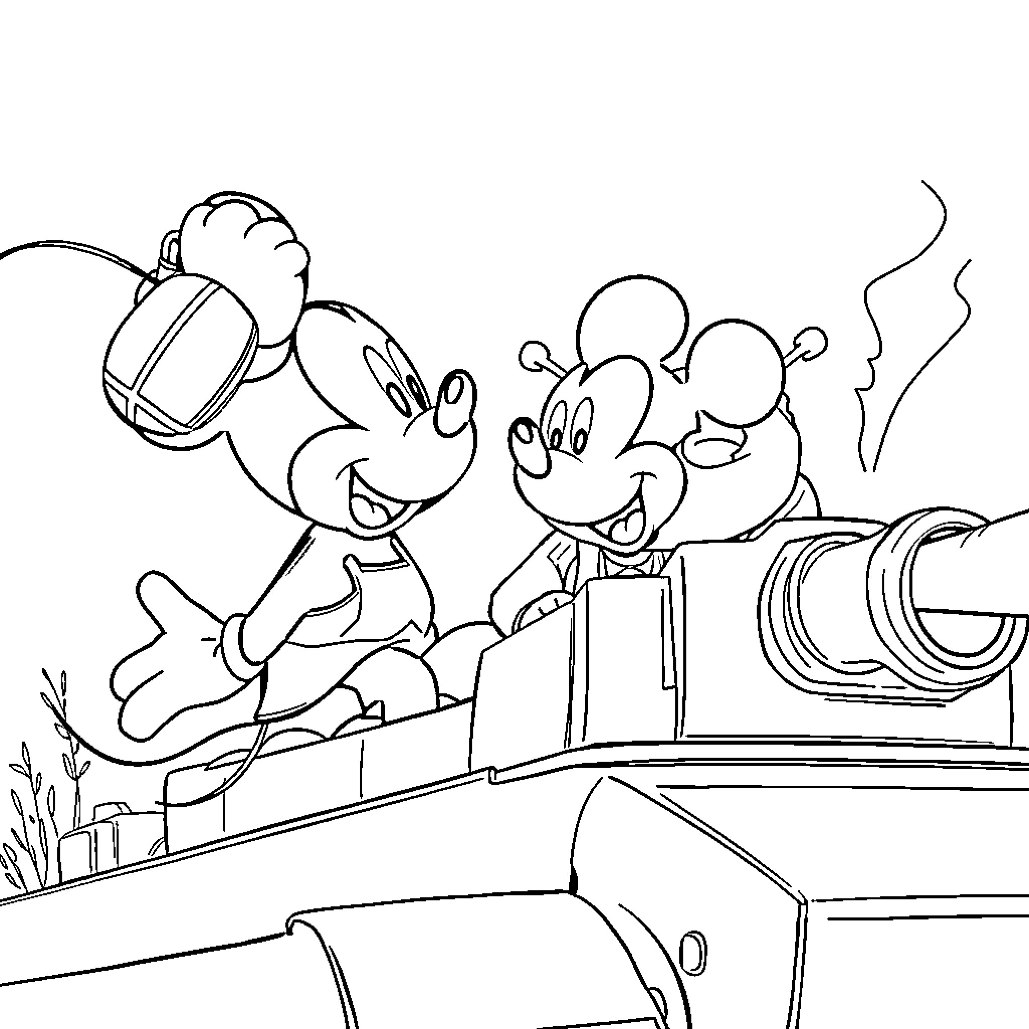 Mickey Mouse and Friends Go on a Playful Adventure Coloring Page (free black-and-white line drawing printable PDF for all, from beginners to advanced learners, including children, teens, adults, and seniors)