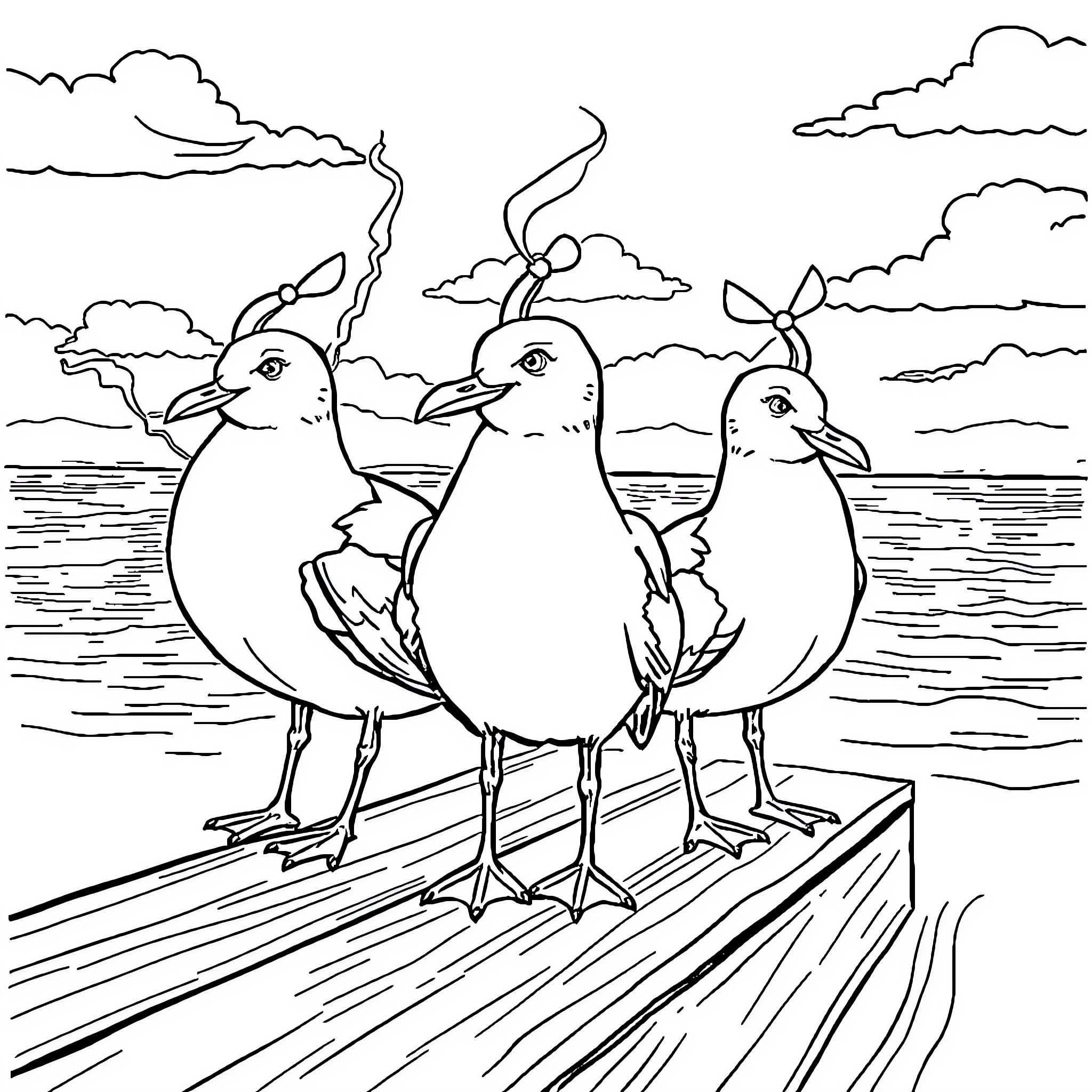 Seagulls standing on a wooden dock by the ocean Coloring Page (free black-and-white line drawing printable PDF for all, from beginners to advanced learners, including children, teens, adults, and seniors)