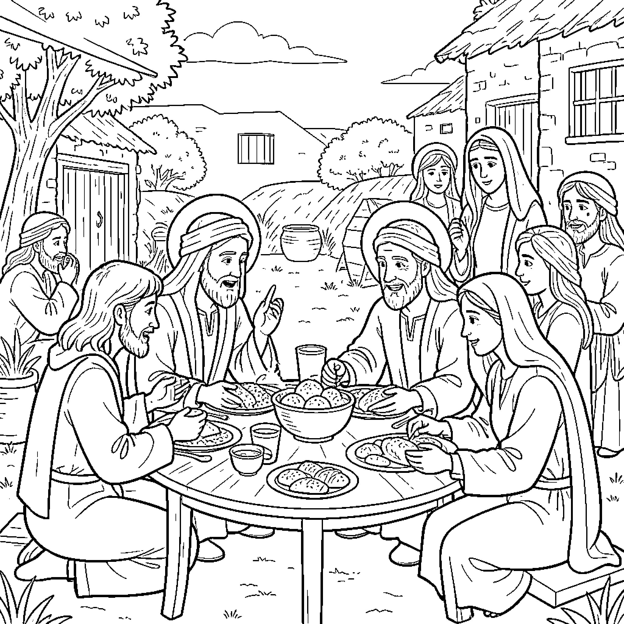 Disciple sharing a meal around a circular table Coloring Page (free black-and-white line drawing printable PDF for all, from beginners to advanced learners, including children, teens, adults, and seniors)