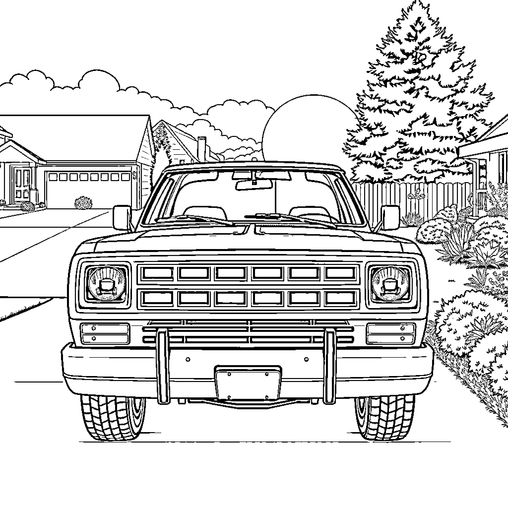 Dodge Truck Exploring Peaceful Suburban Landscape Coloring Page (free black-and-white line drawing printable PDF for all, from beginners to advanced learners, including children, teens, adults, and seniors)