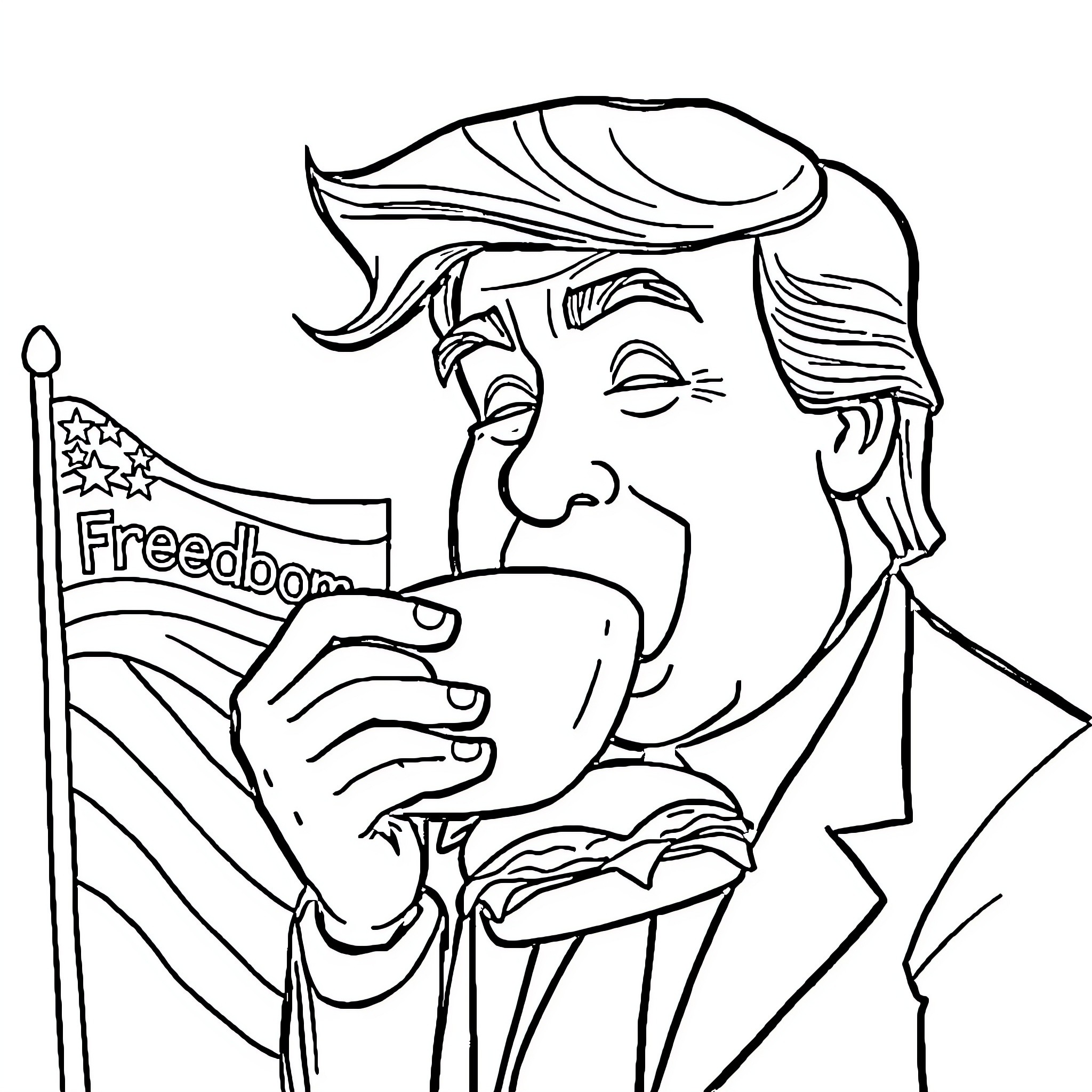 Donald Trump waving a 'Freedom' flag Coloring Page (free black-and-white line drawing printable PDF for all, from beginners to advanced learners, including children, teens, adults, and seniors)