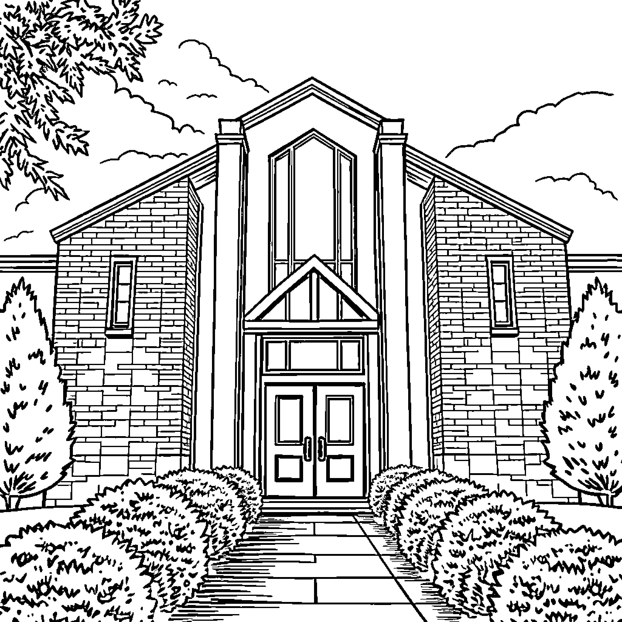 FBC Columbia: Architectural facade of a church Coloring Page (free black-and-white line drawing printable PDF for all, from beginners to advanced learners, including children, teens, adults, and seniors)