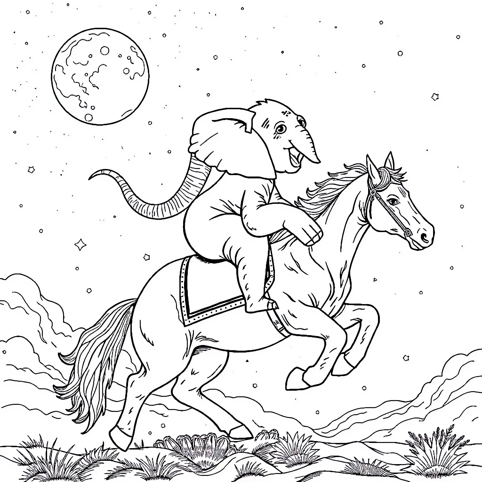Elephant riding a horse under the night sky Coloring Page (free black-and-white line drawing printable PDF for all, from beginners to advanced learners, including children, teens, adults, and seniors)