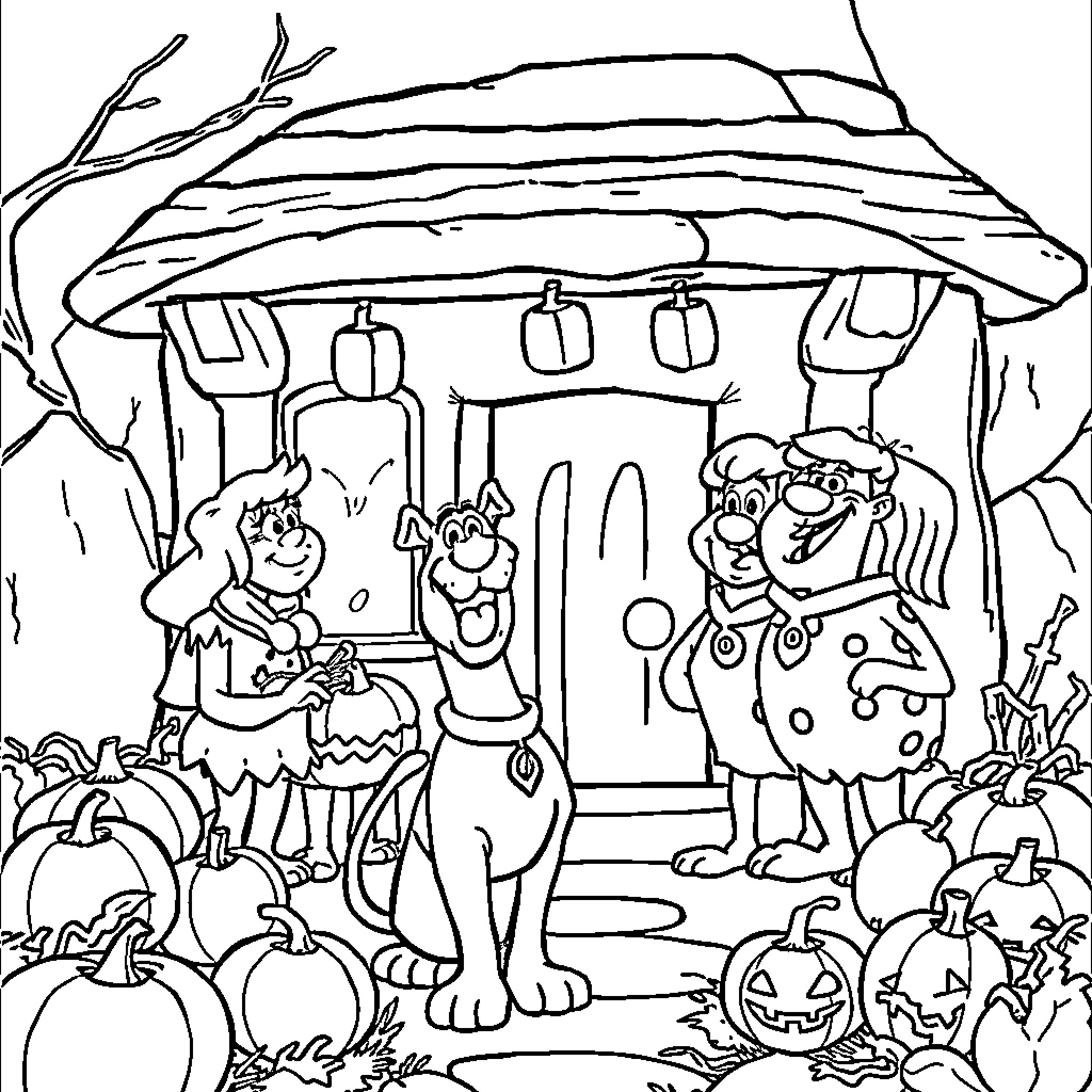 Scooby Doo and friends explore a spooky forest cabin Coloring Page (free black-and-white line drawing printable PDF for all, from beginners to advanced learners, including children, teens, adults, and seniors)