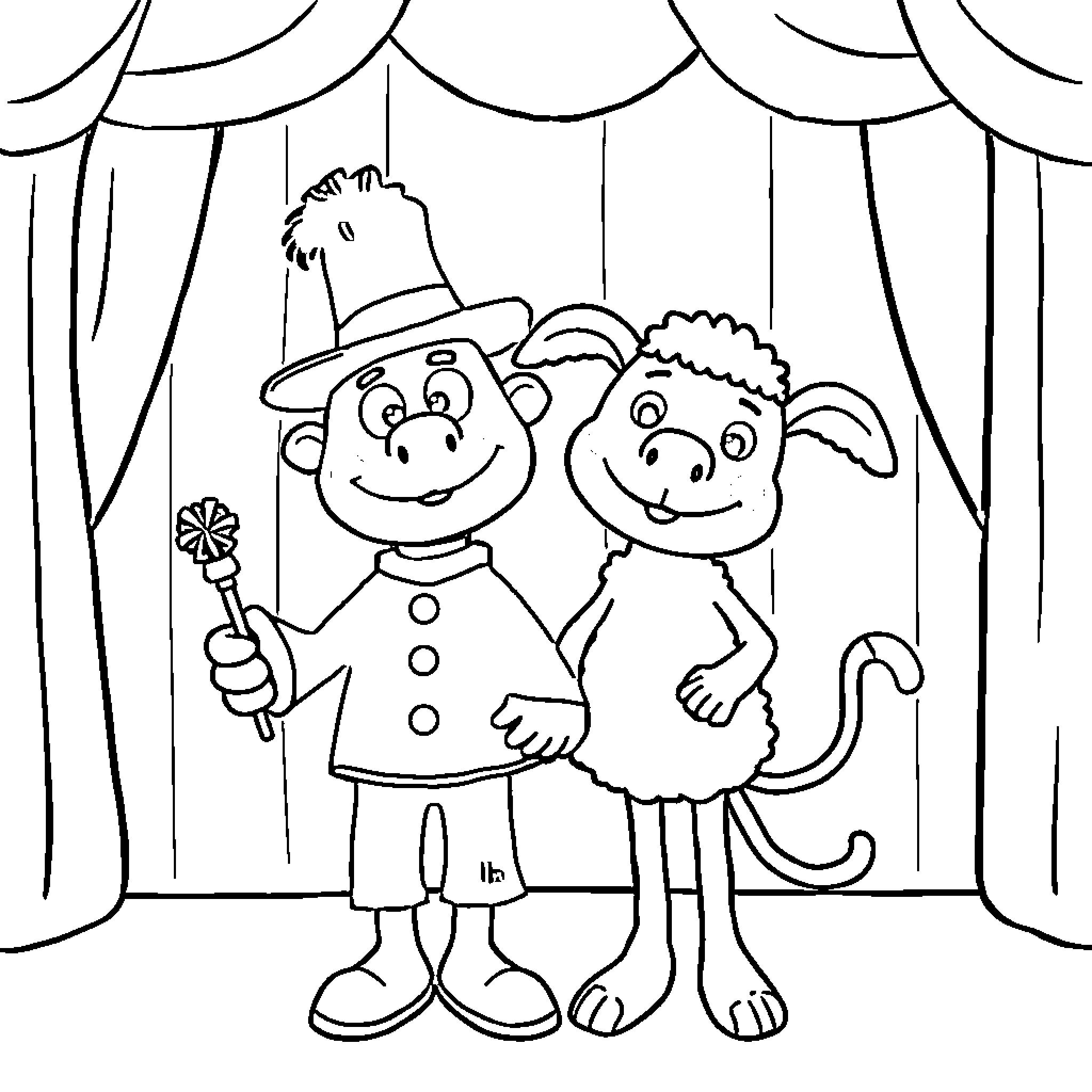 Sooty Puppet Friends on Stage Coloring Page (free black-and-white line drawing printable PDF for all, from beginners to advanced learners, including children, teens, adults, and seniors)