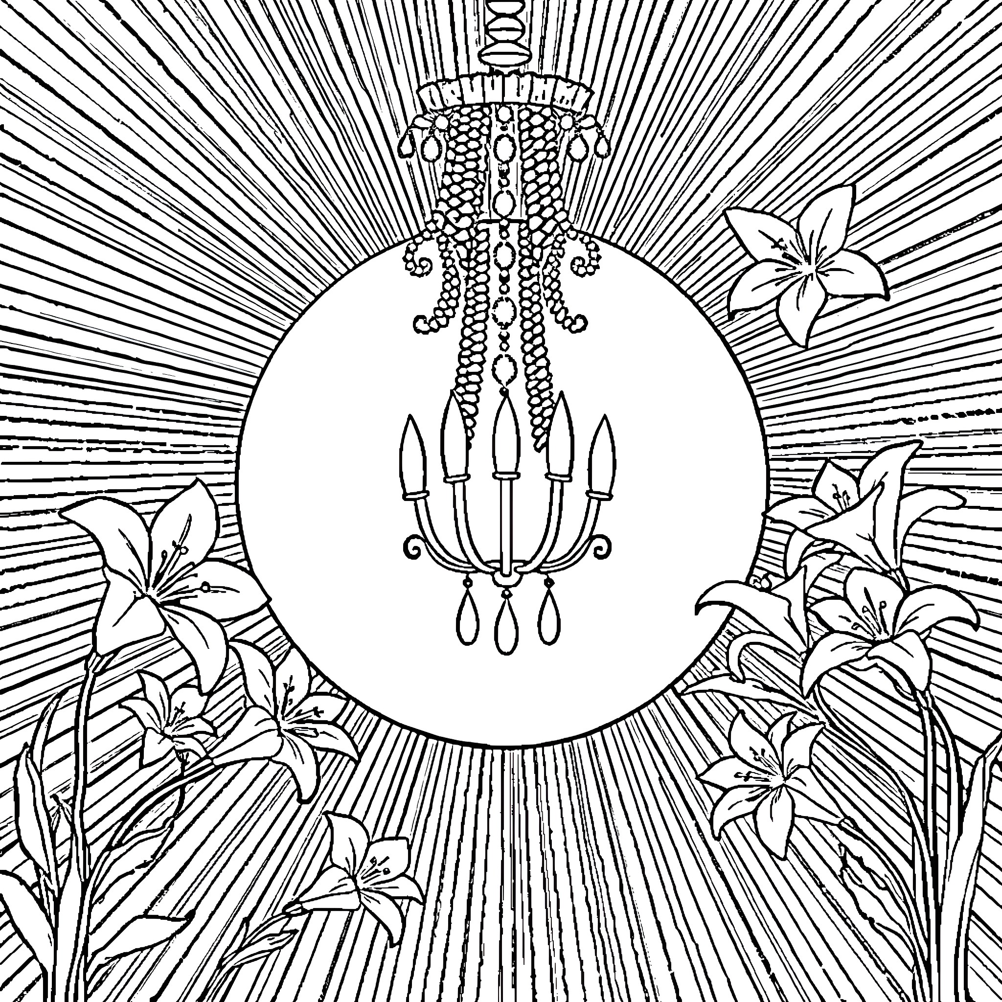 Circle of Ornate Chandelier with Floral Surroundings Coloring Page (free black-and-white line drawing printable PDF for all, from beginners to advanced learners, including children, teens, adults, and seniors)