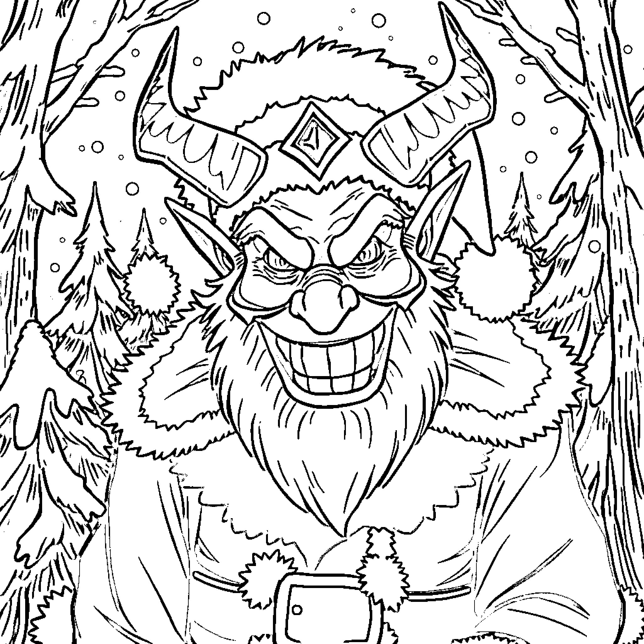 Satan's Mischievous Troll in the Snowy Forest Coloring Page (free black-and-white line drawing printable PDF for all, from beginners to advanced learners, including children, teens, adults, and seniors)