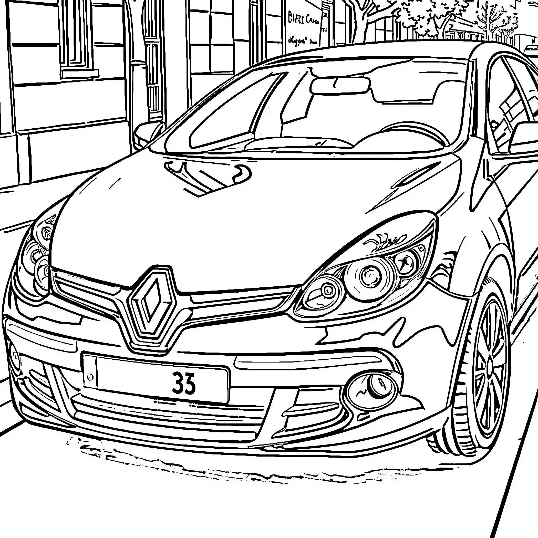Renault car in urban street scene Coloring Page (free black-and-white line drawing printable PDF for all, from beginners to advanced learners, including children, teens, adults, and seniors)